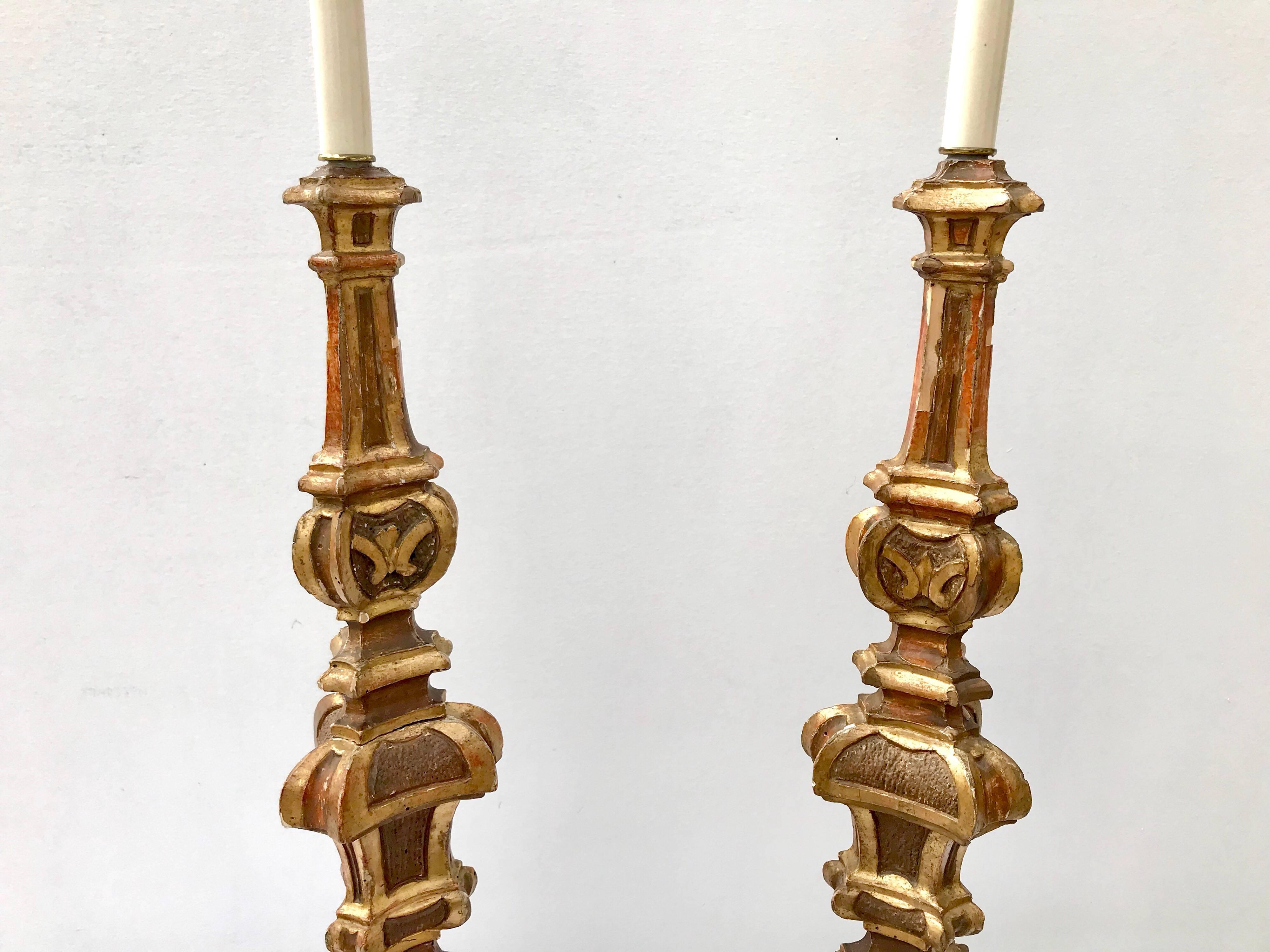 19th Century Italian Giltwood Candlestick Lamps 2