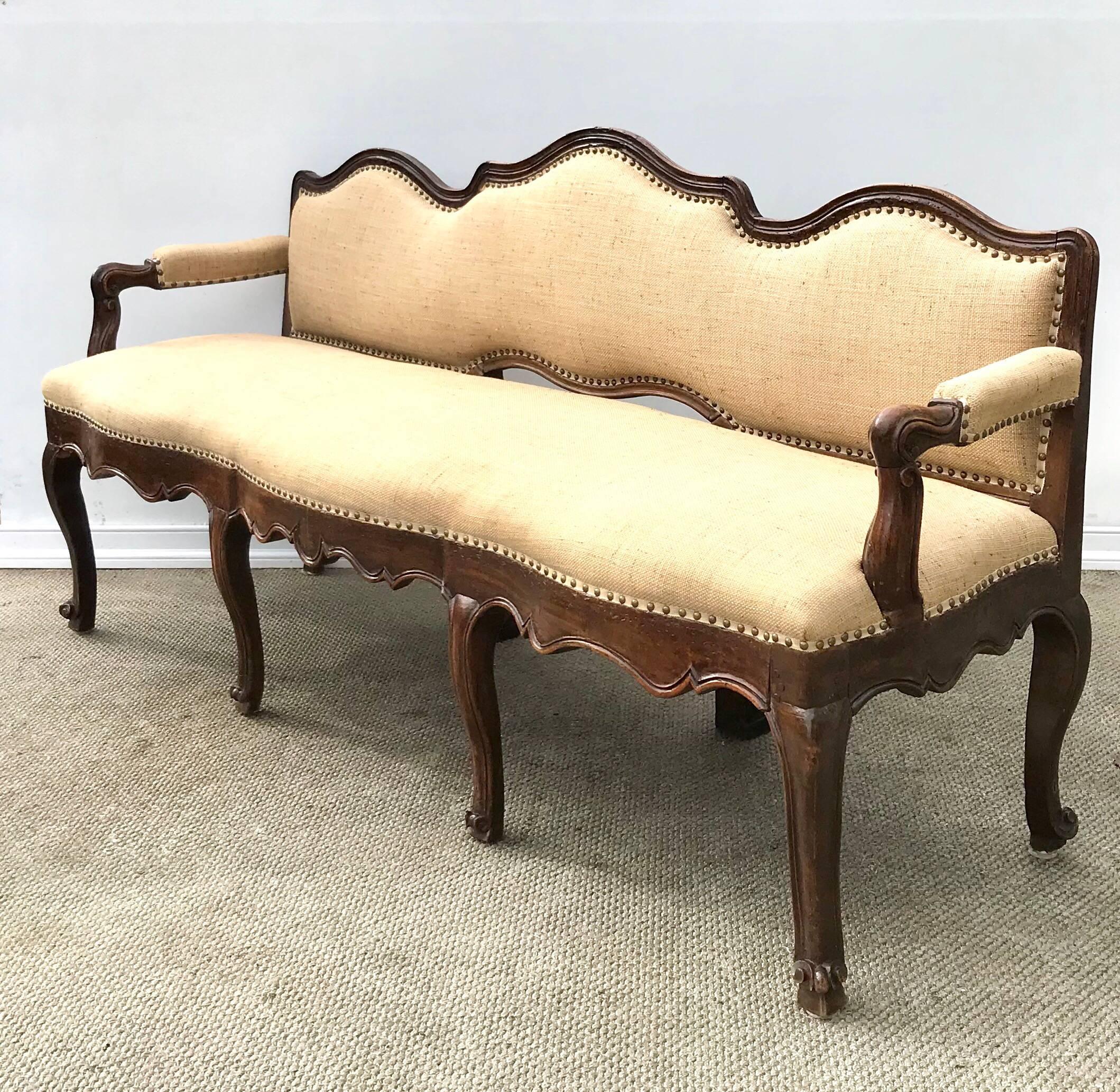 Hand-Carved 18th Century Italian Walnut Triple Back Bench or Settee For Sale