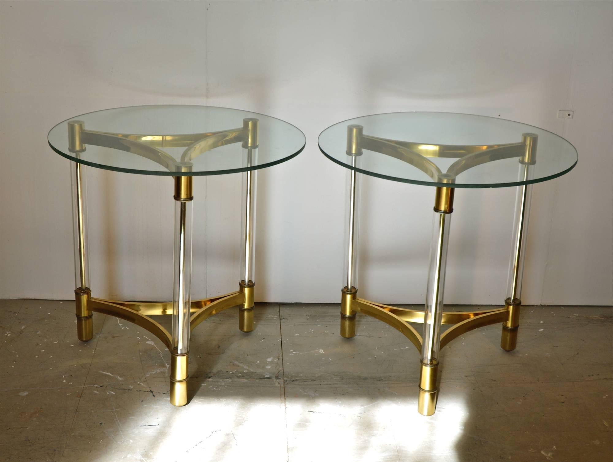 Hollywood Regency Brass and Glass Tripod Base Table Pair