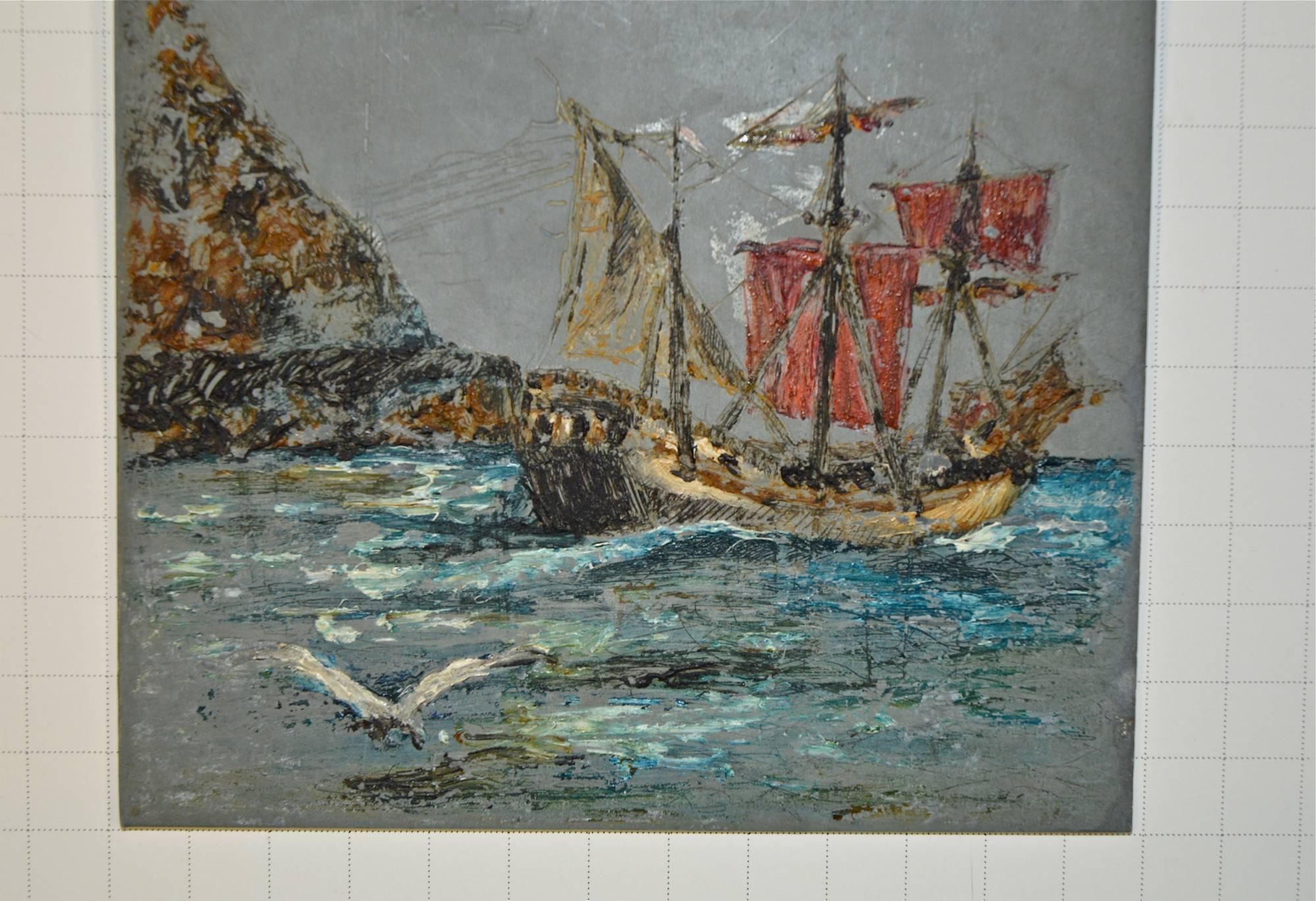 Folk art oil on lead depicting a renegade schooner dropping anchor in a secret cove. Gulls are in flight. Unsigned. Unframed.