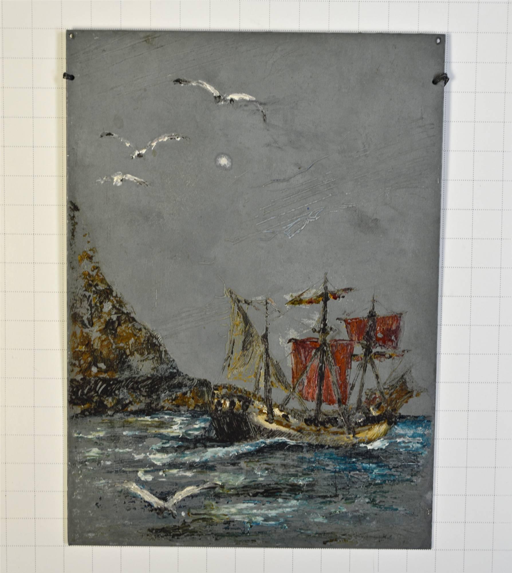 20th Century Folk Art Painting of a Ship