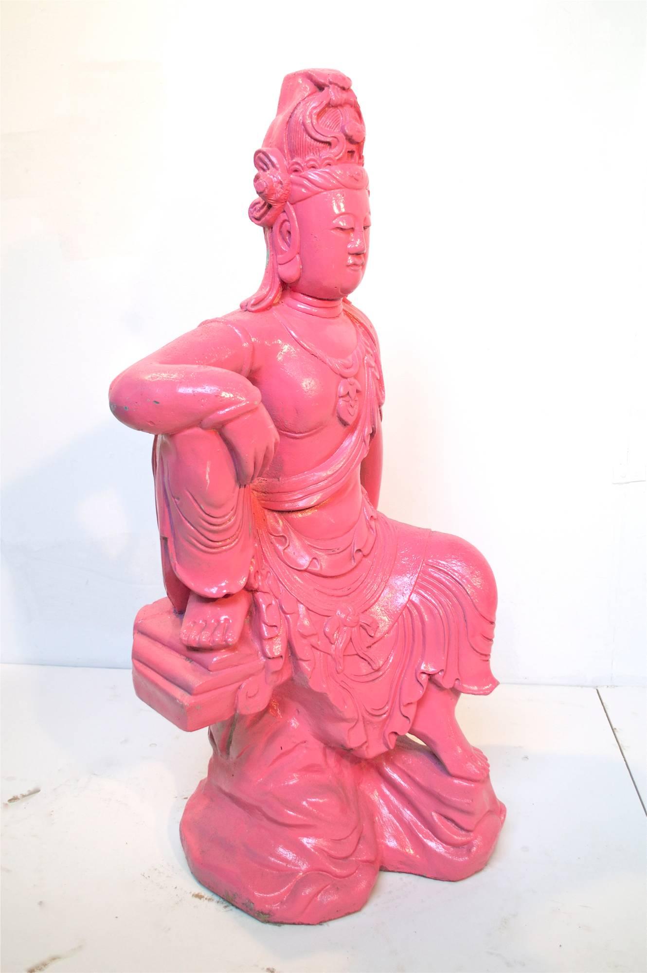 Cast stone garden statuary depicting the goddess Quan Yin. Produced in the mid 1970's by esteemed concrete and cast stone artist Eneri Prosperi, the statue is cast in the highest quality available. The piece is in wonderful structural condition. The