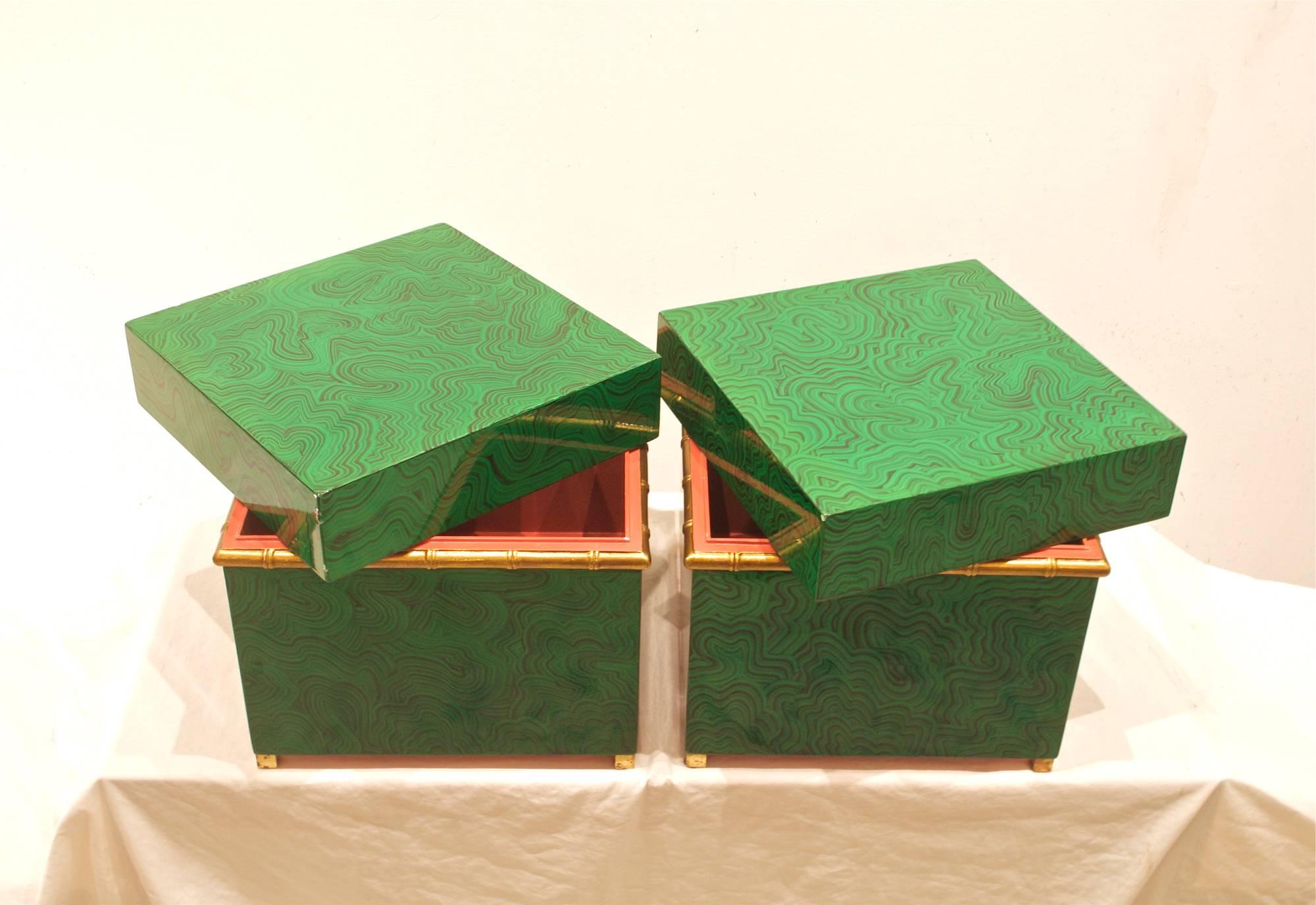 Hollywood Regency Faux Malachite Boxes, A Pair For Sale