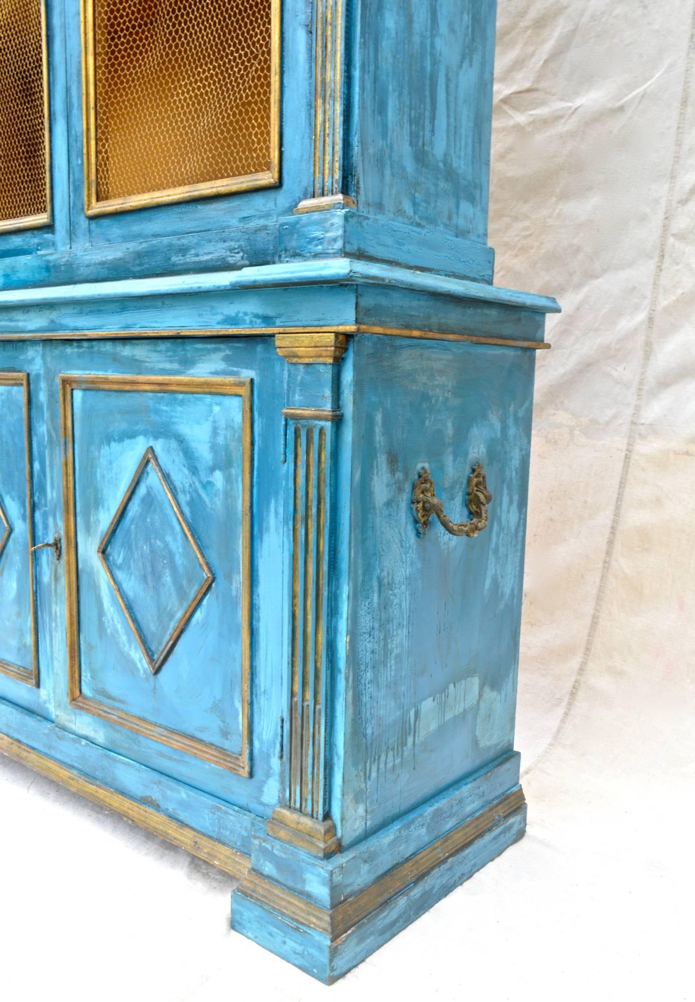 20th Century Italian Breakfront Cupboard in Mediterranean Blue Painted Finish For Sale