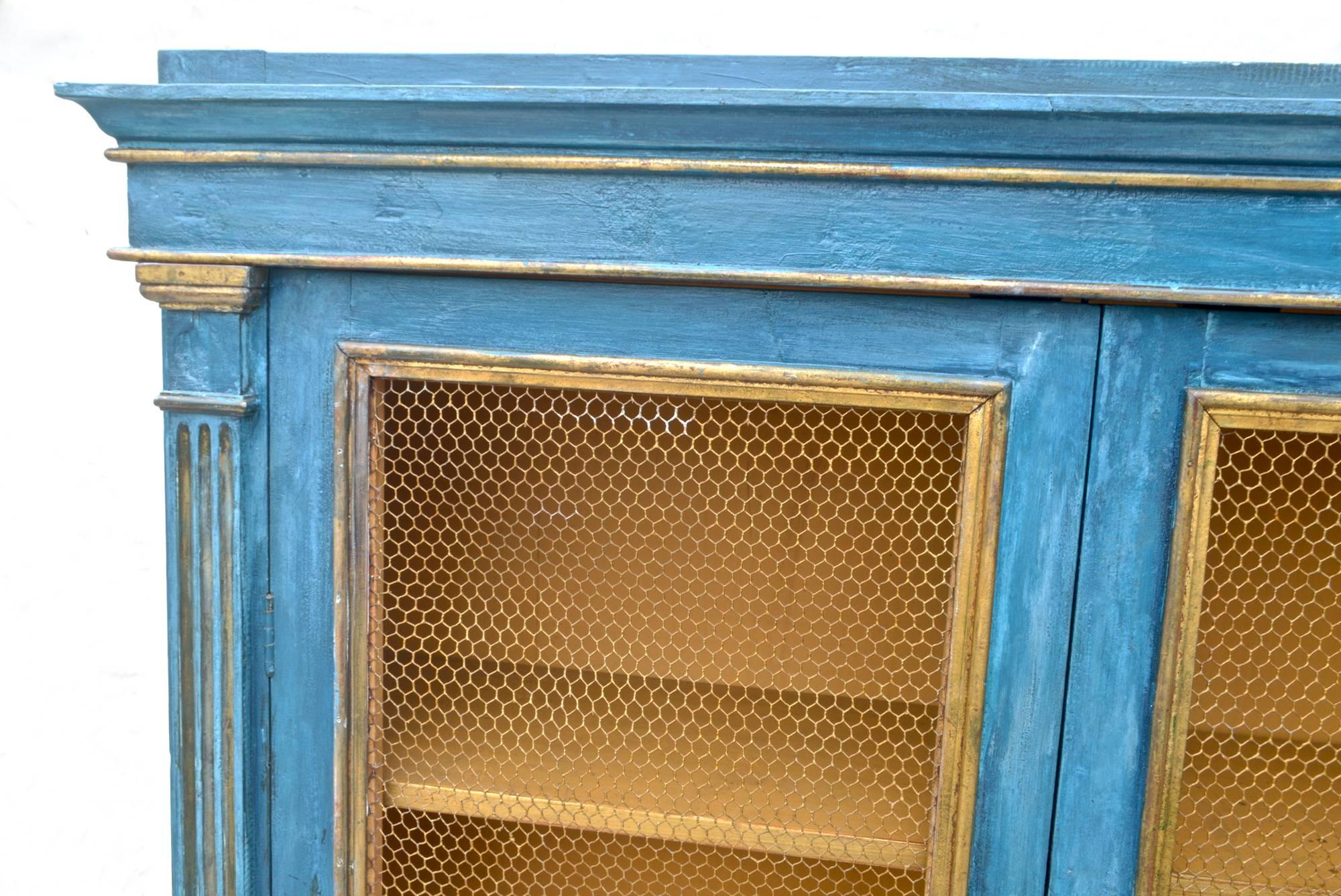 Hand-Painted Italian Breakfront Cupboard in Mediterranean Blue Painted Finish For Sale