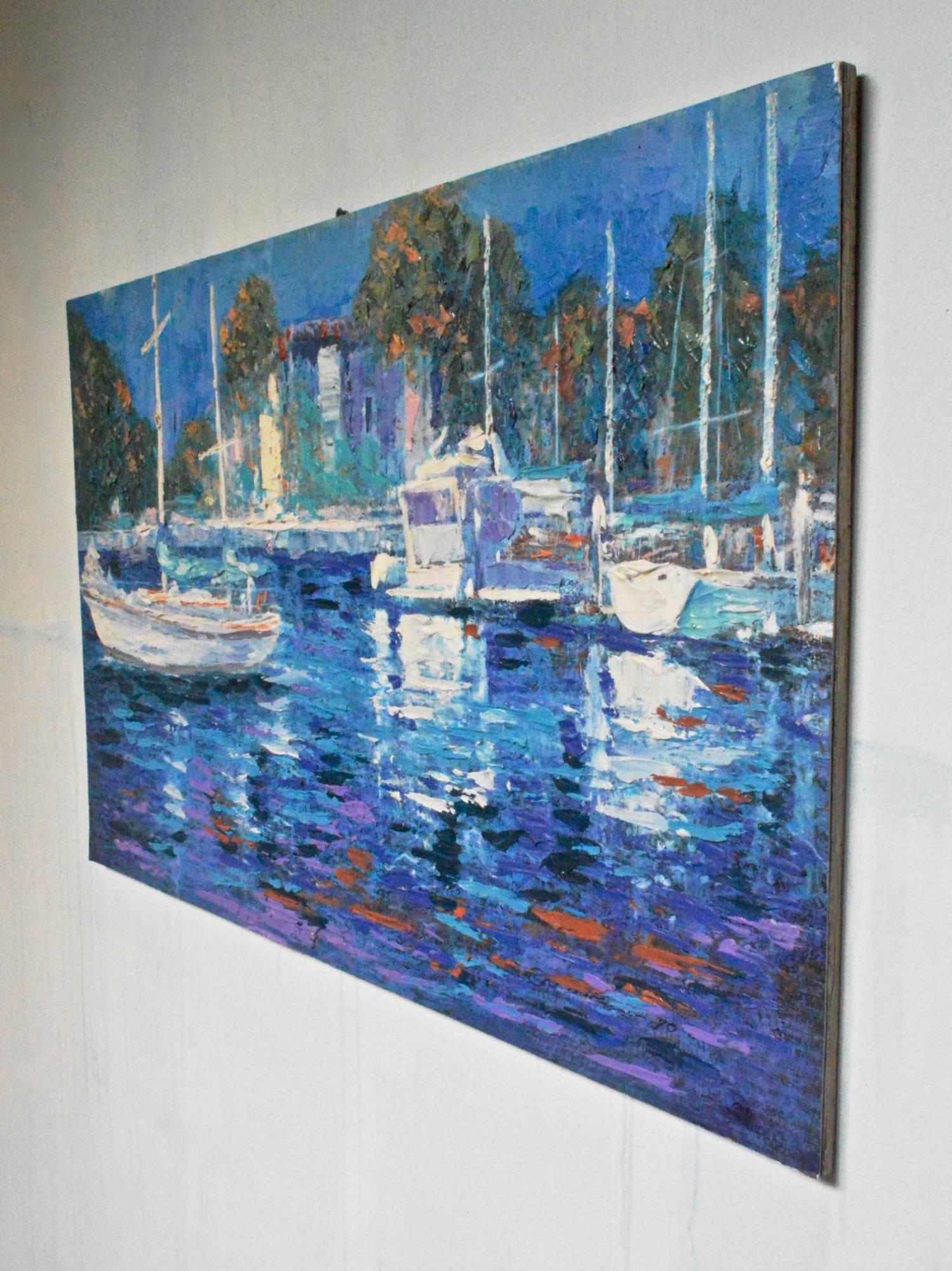 A calming and placid painting of a picturesque marina or boat-slip that is very reminiscent of the South Miami area. The acrylic on board is made most alluring by the texture and shadows created by a moderate to heavy use of the impasto technique of