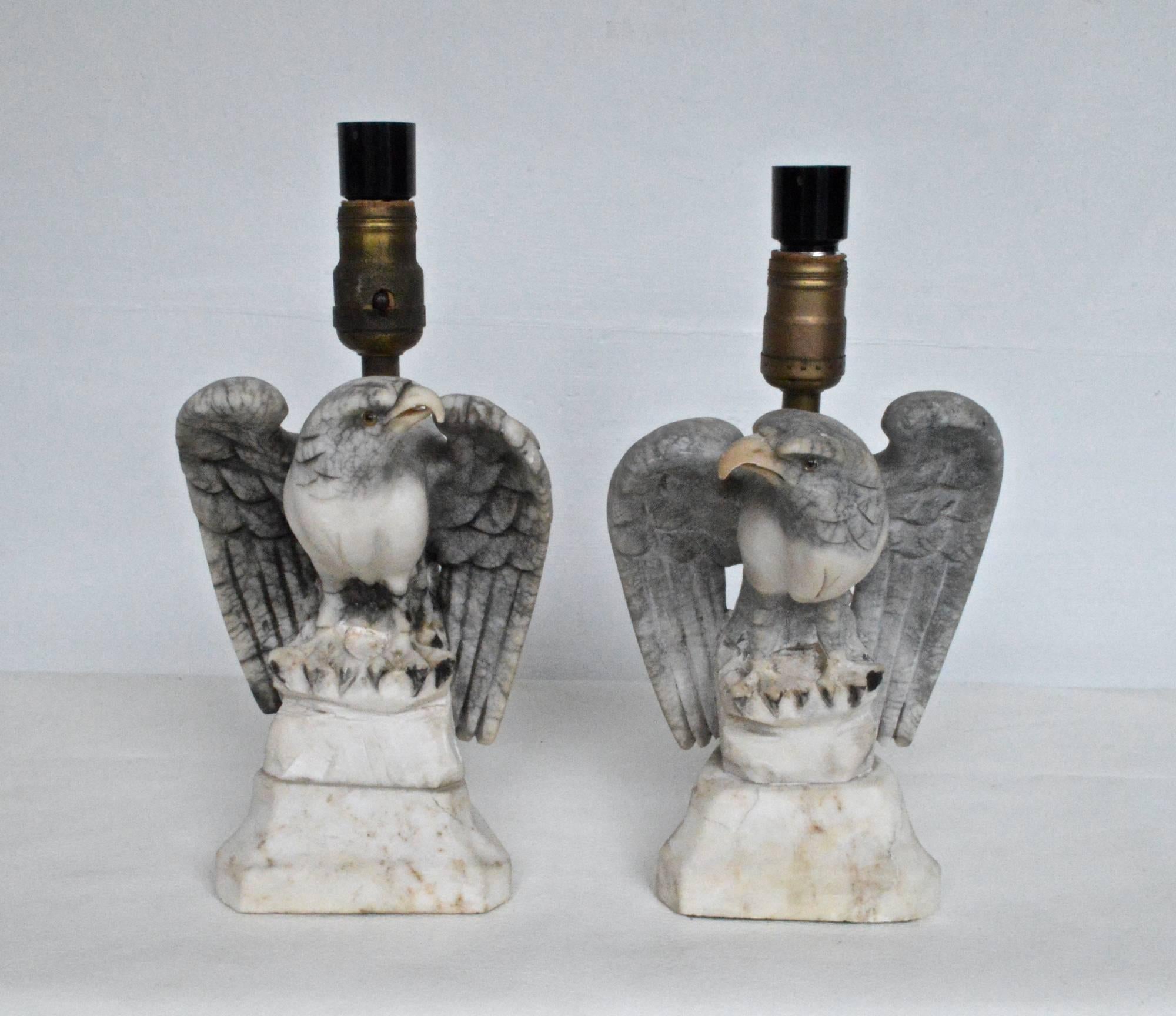 Art Deco Pair of Marble Eagle Lamps