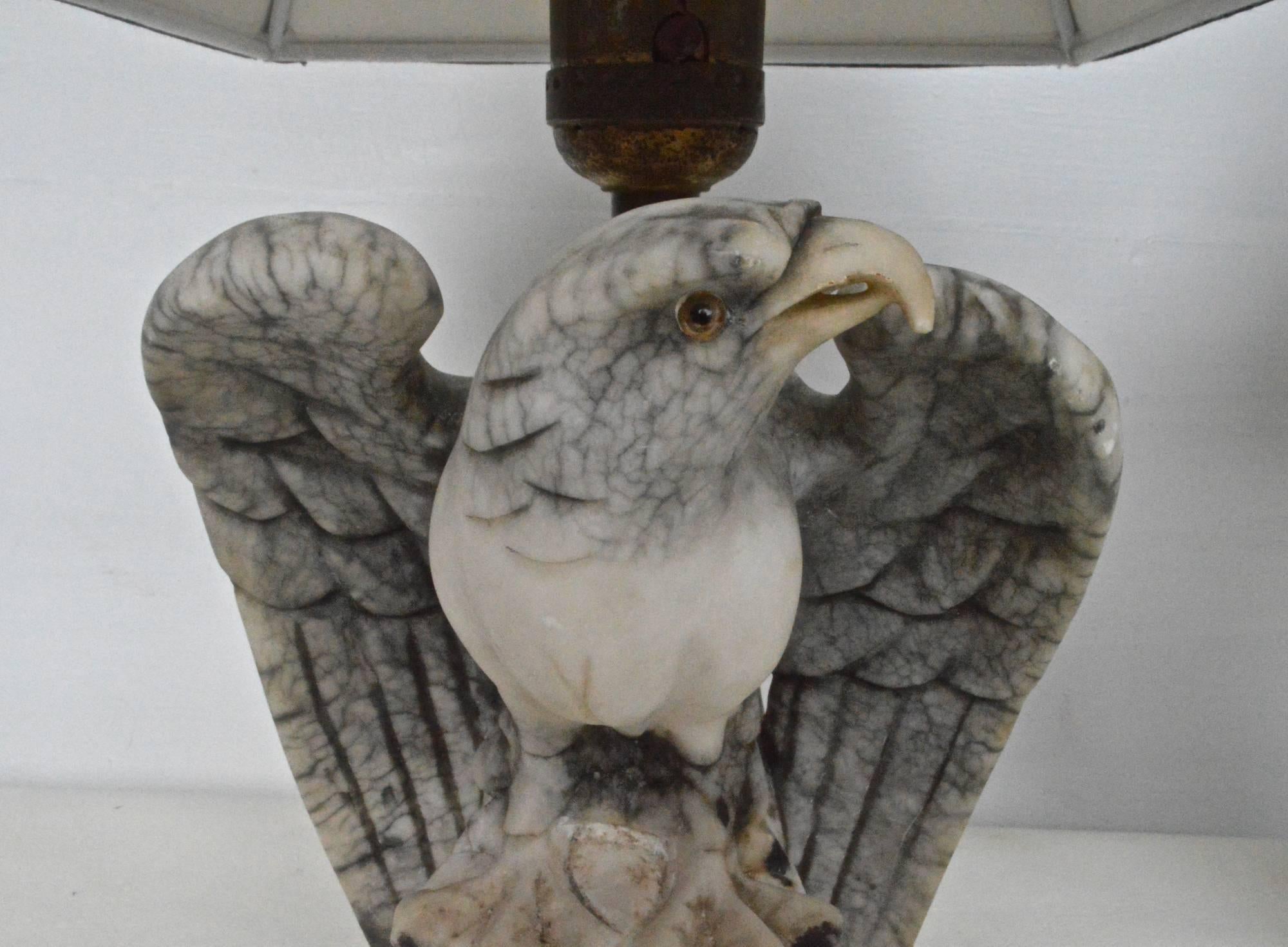Carved Pair of Marble Eagle Lamps