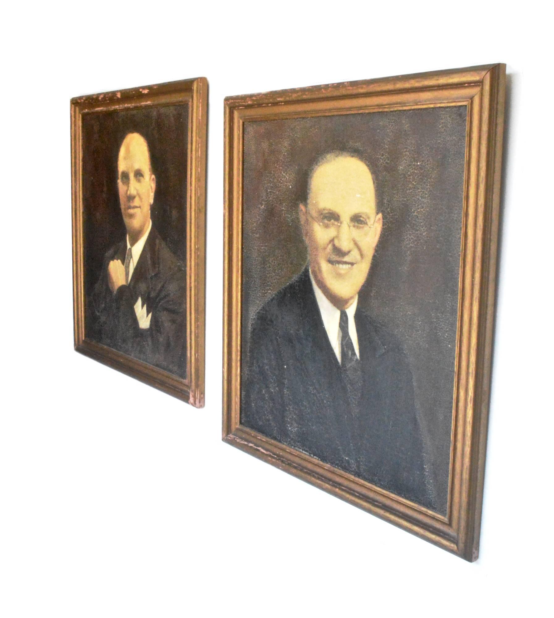 Oil on board portraits of a pair gentleman. Both men possess a warm and caring look. Perhaps companions for life these two? Canvas stretched over masonite board shows crackle, foxing and losses. Frames show distress and gentle losses. Artist