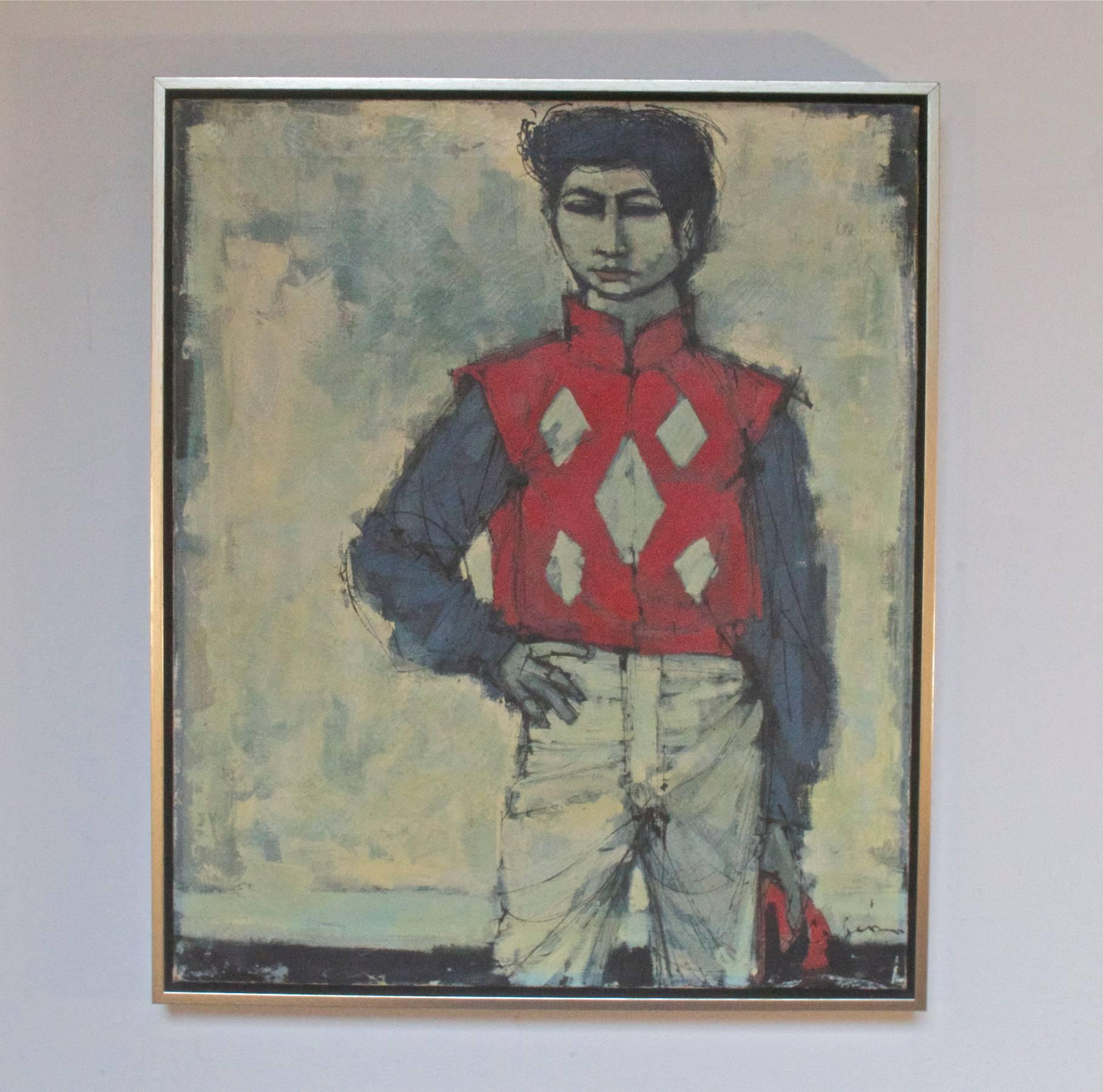 Charming oil on canvas of a proud and thoughtful jockey by American born painter Larry Cabaniss, (1926-2007) born in Akron, Ohio yet spent much of his adult life shying away from American life by taking up residence in Rome and Paris where he