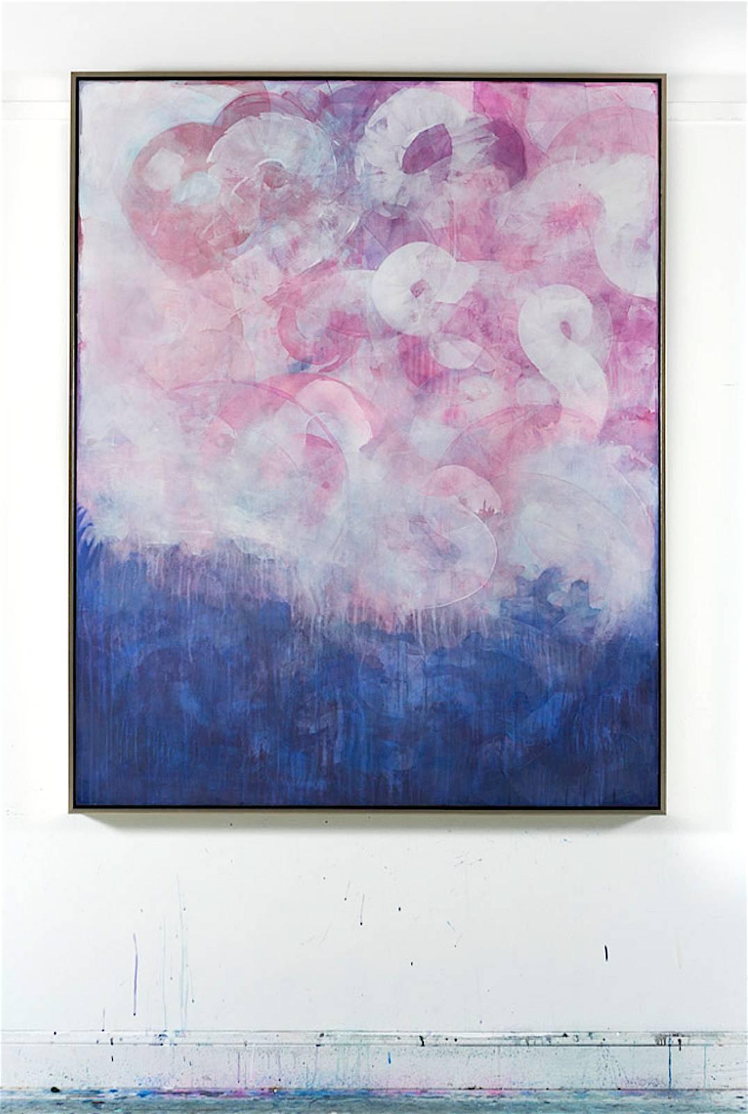 A large abstract landscape in vibrant pink and purple hues by Virginia artist Abby Kasonik. The work is framed nicely in a black and warm silver gilt topped gallery 
