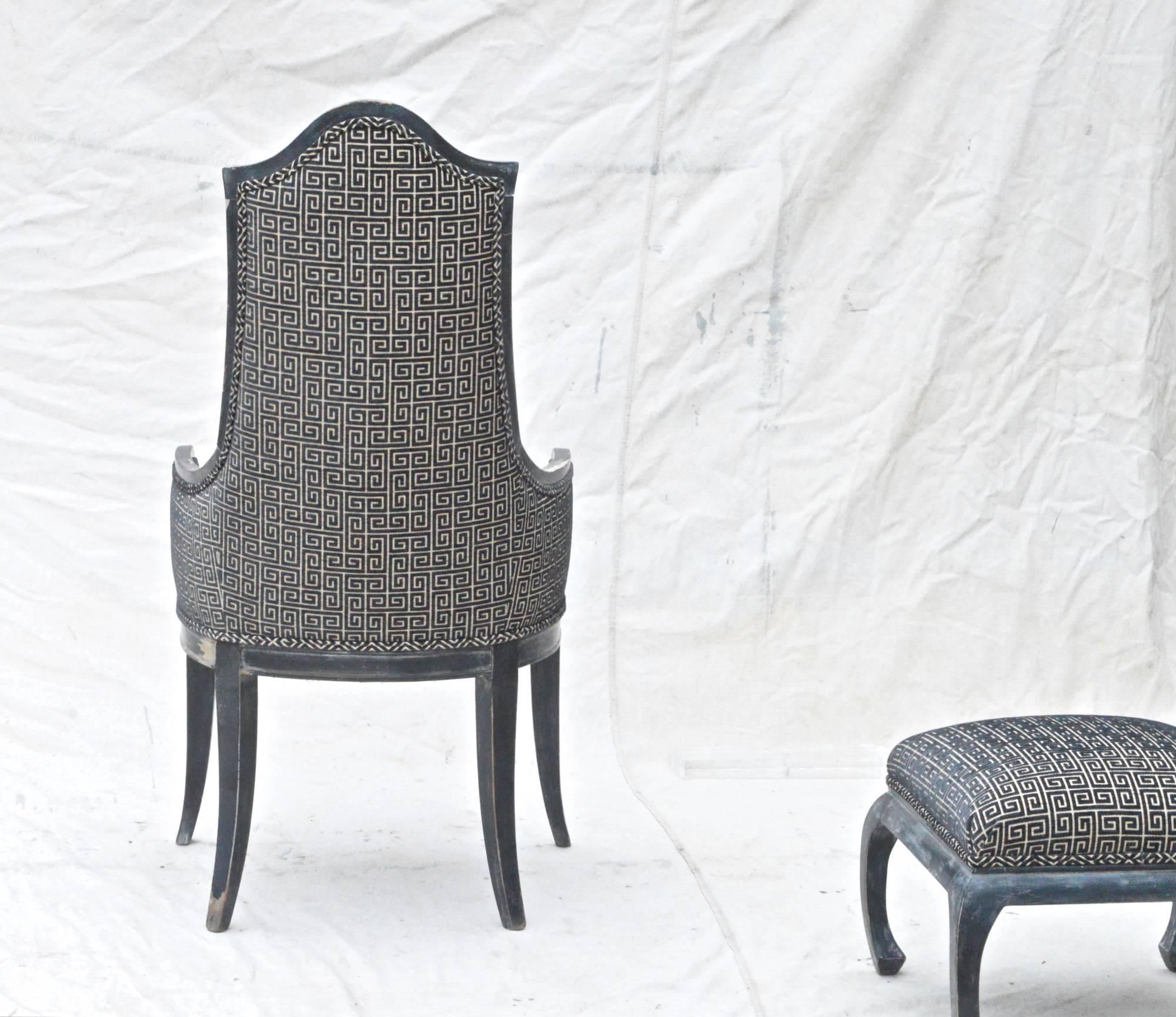 20th Century Chinese Chippendale Lounge Chair and Ottoman in Greek Key Fabric For Sale