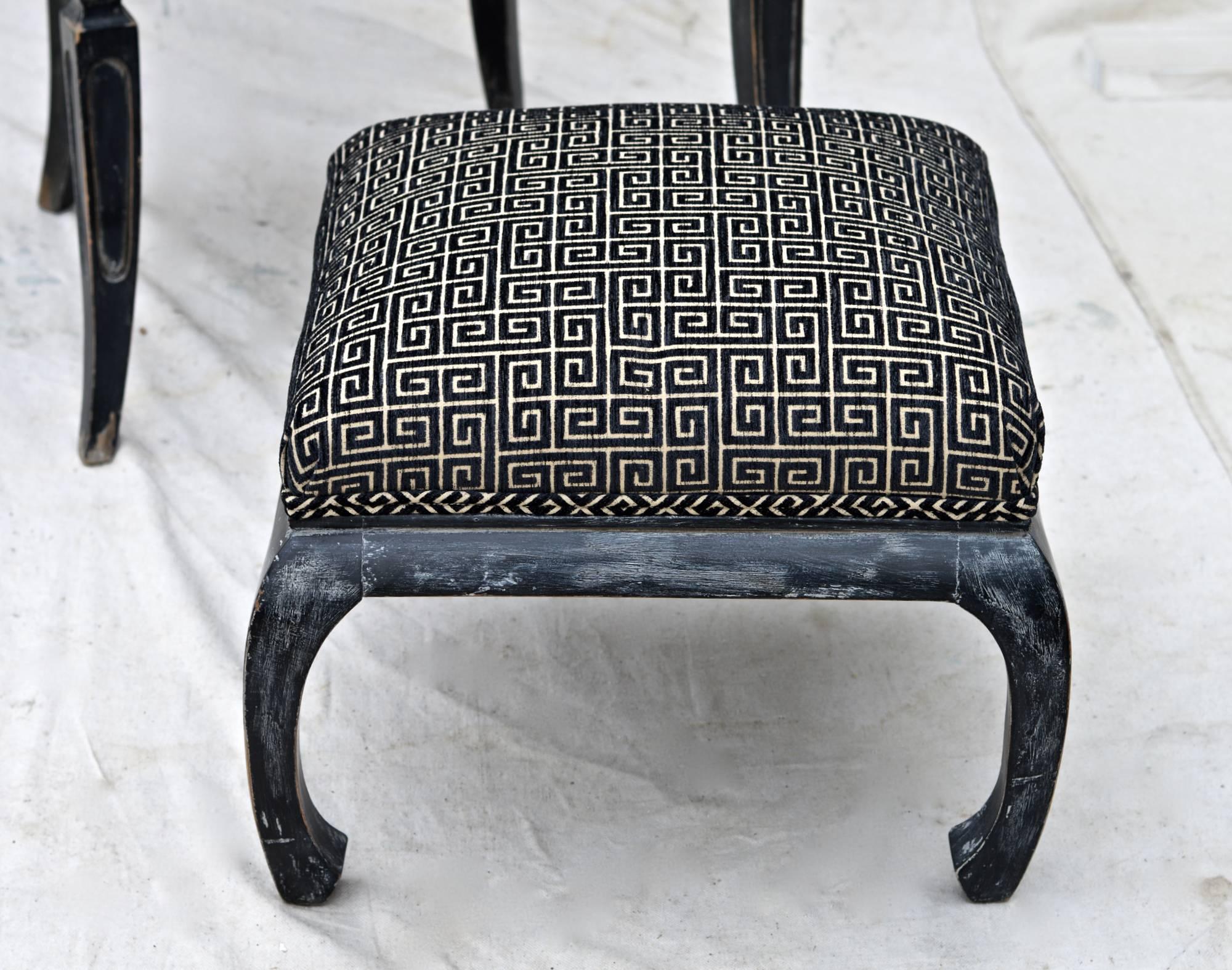 Wood Chinese Chippendale Lounge Chair and Ottoman in Greek Key Fabric For Sale