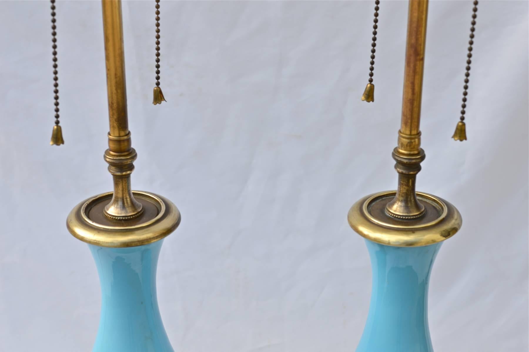 Other Pair of French Blue Opaline Lamps on Custom Lucite Bases
