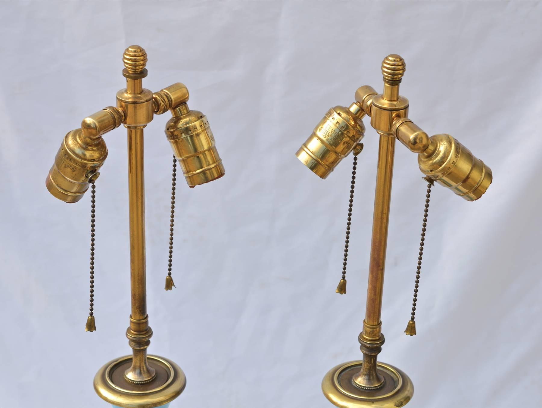 Hollywood Regency Pair of French Blue Opaline Lamps on Custom Lucite Bases