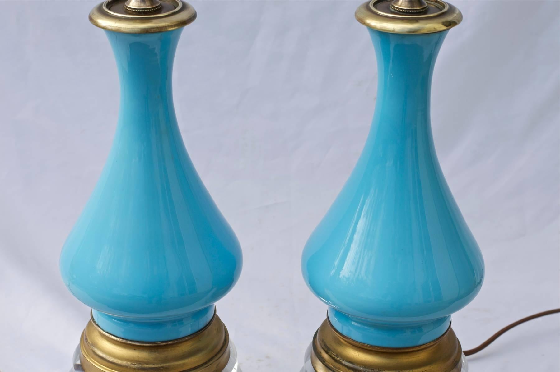 Pair of French Blue Opaline Lamps on Custom Lucite Bases In Good Condition In Charlottesville, VA