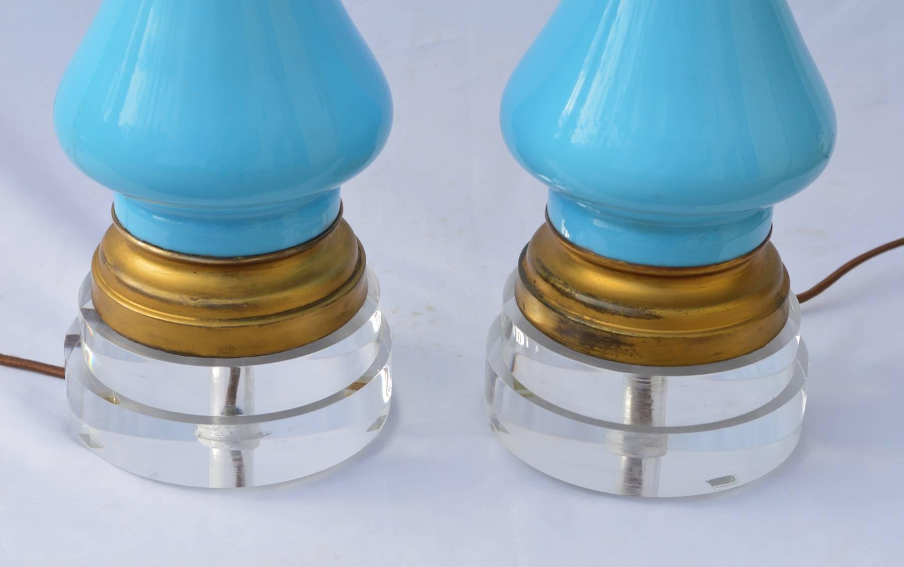 20th Century Pair of French Blue Opaline Lamps on Custom Lucite Bases