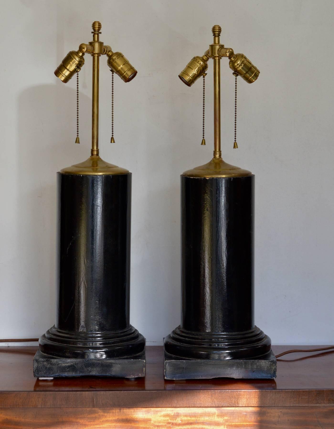 American Ebonized Architectural Column Lamps, Pair For Sale