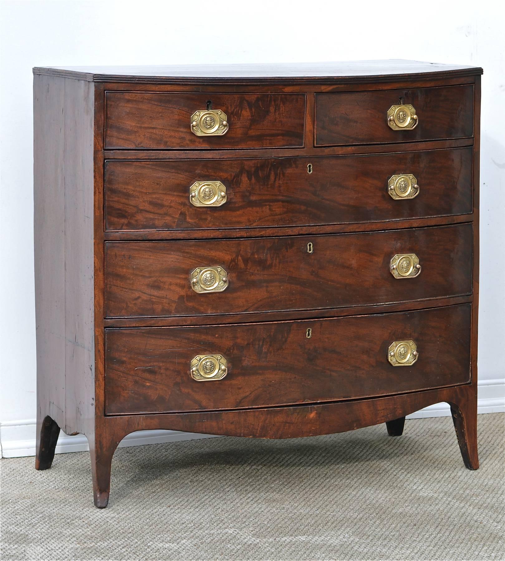 English Georgian Bowfront Chest of Drawers of Mahogany with Rare Brasses