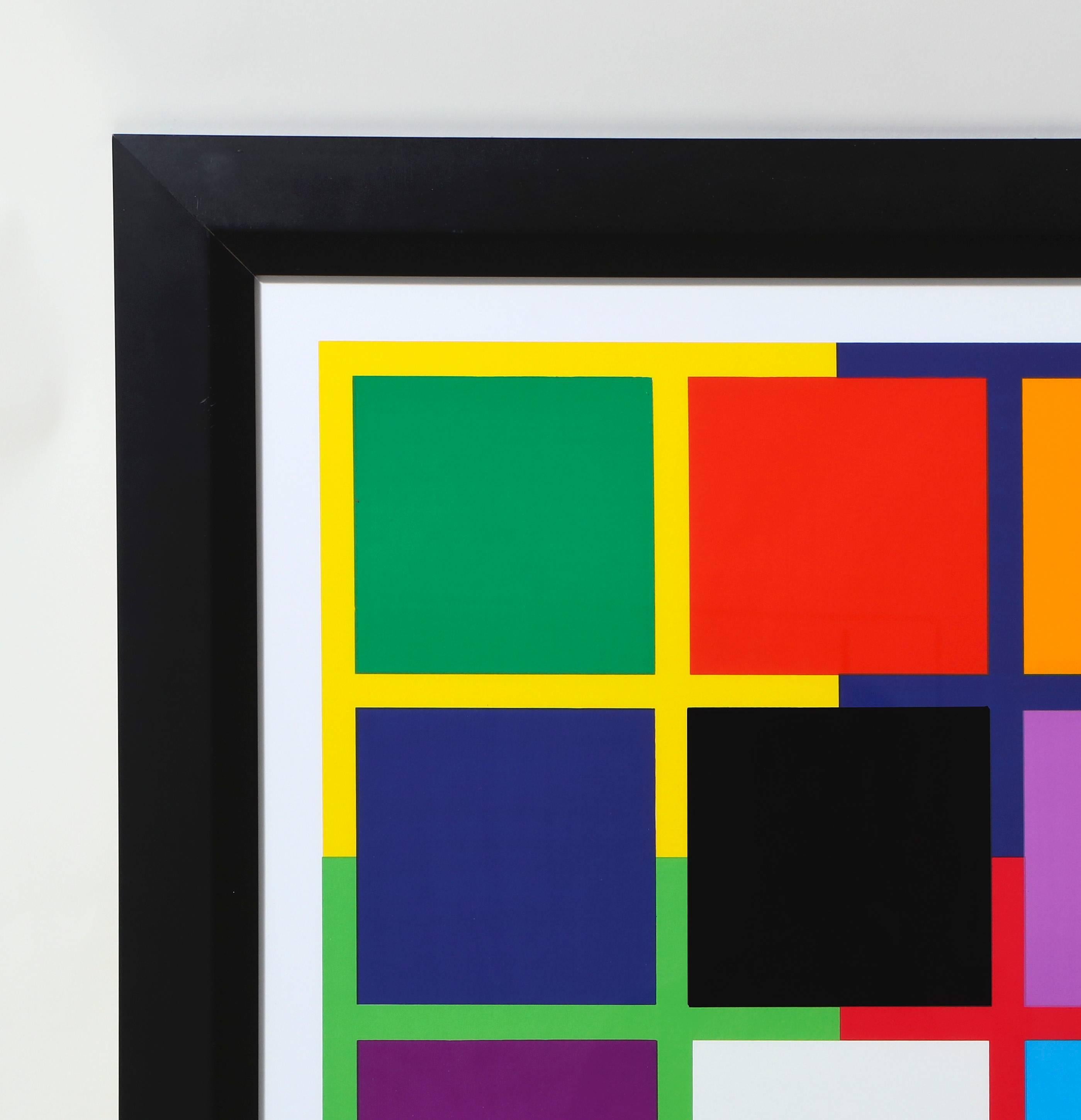 Striking print arrangement of 14 color squares in black wood frame.