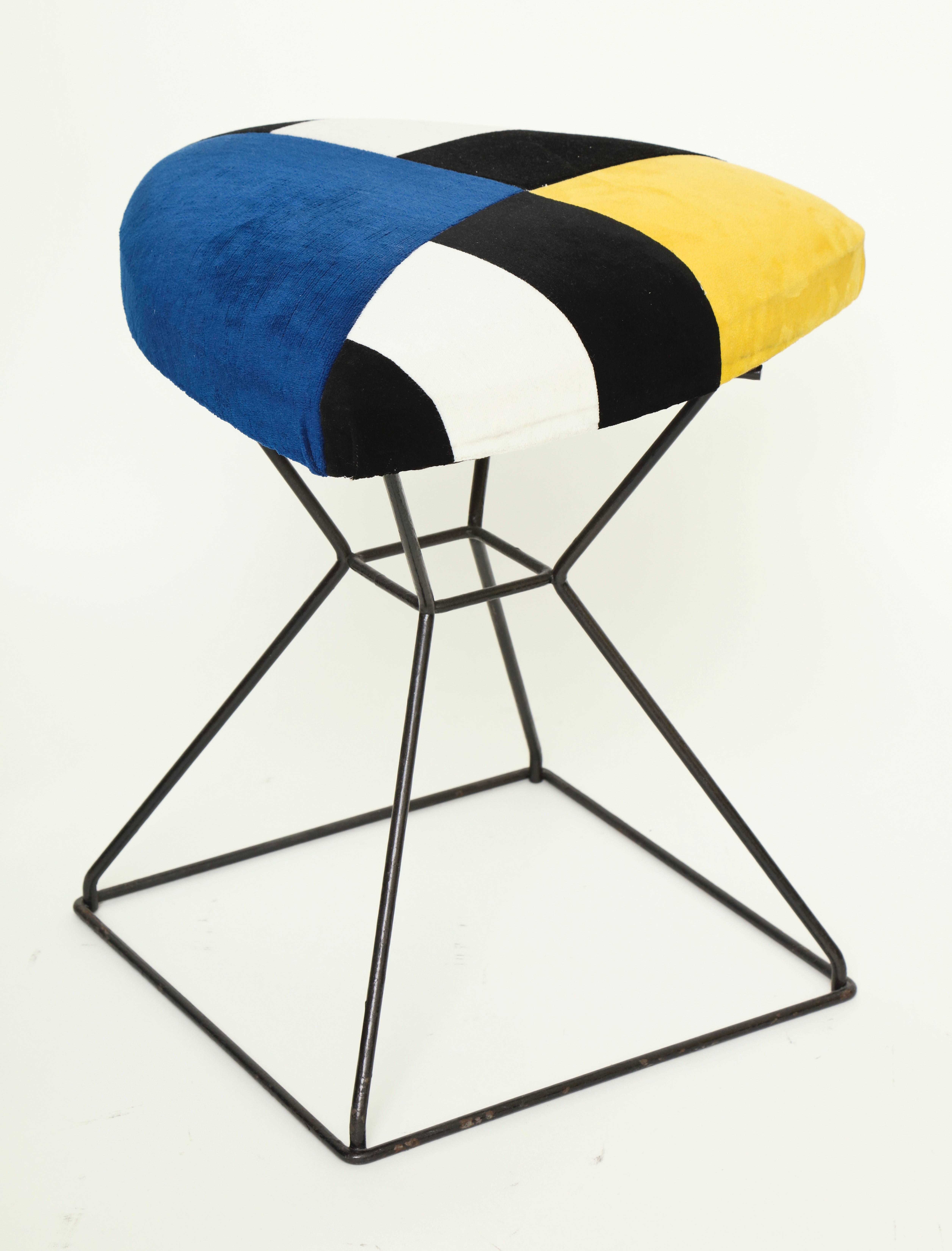 Pair of metal frame base stools with custom-made cushions in graphic ultra-suede pattern.