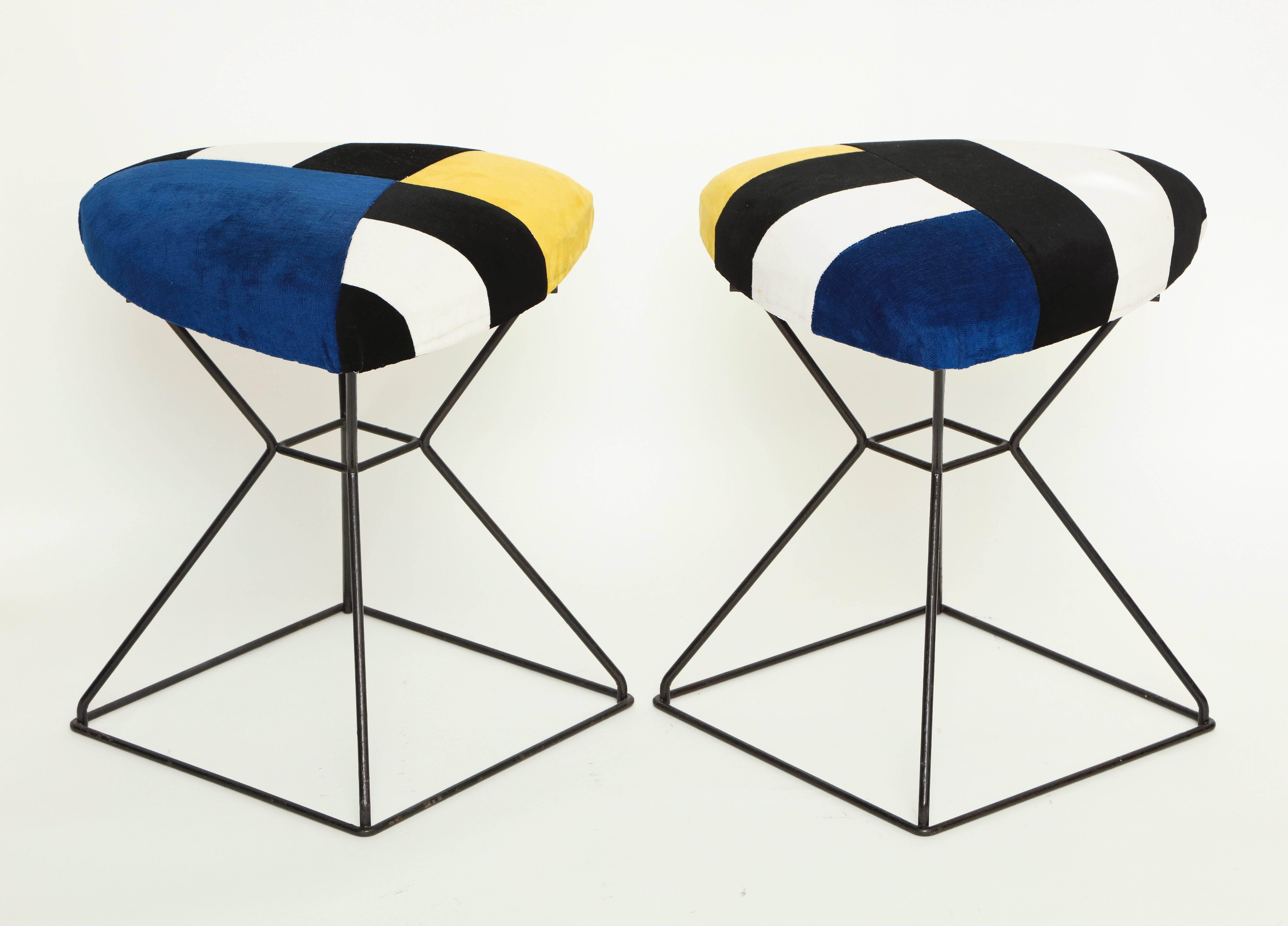 Contemporary Pair of Metal Frame Base Stools with Custom Cushions For Sale