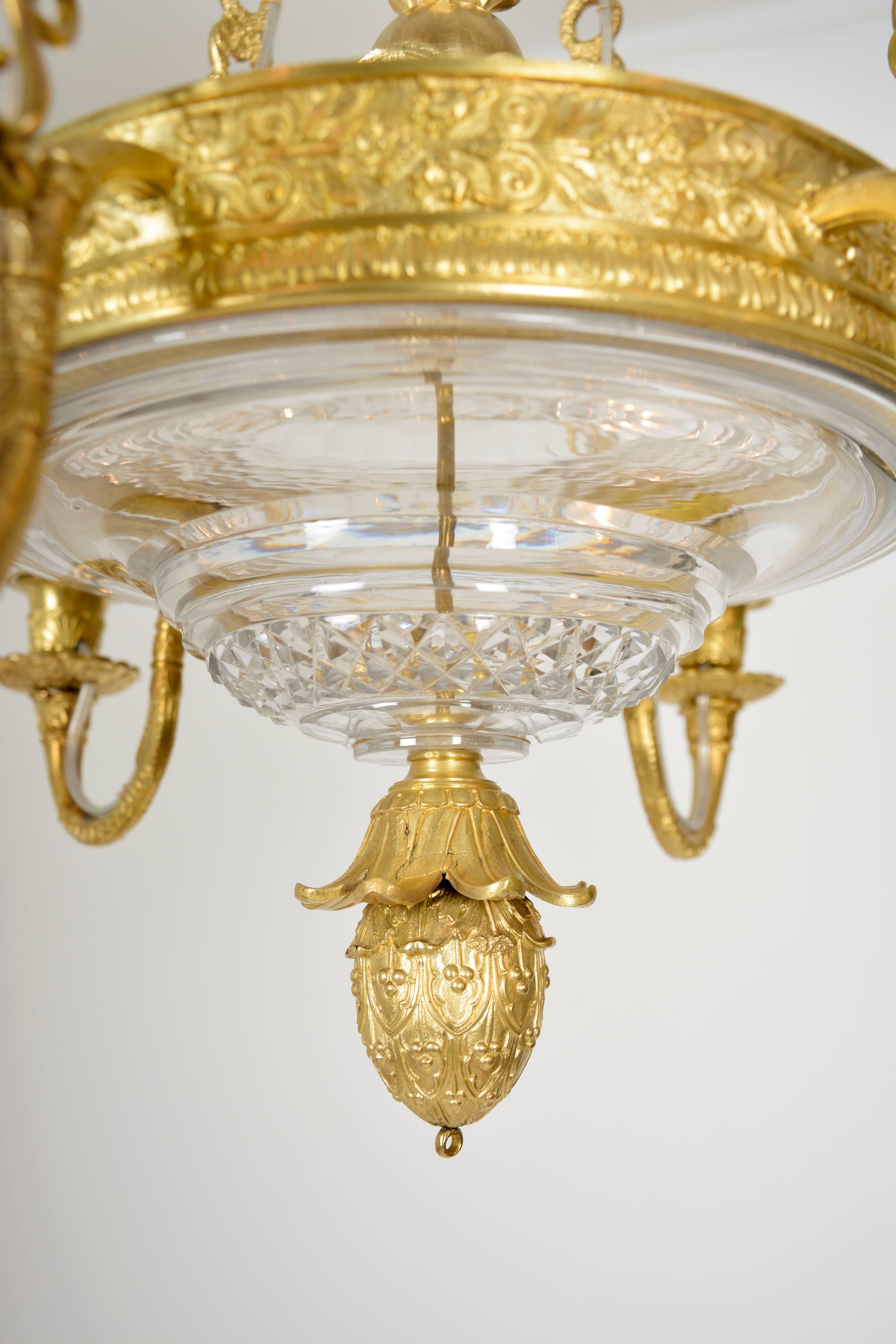 19th Century Empire Chandelier with cut glass and gilded cast brass frame For Sale