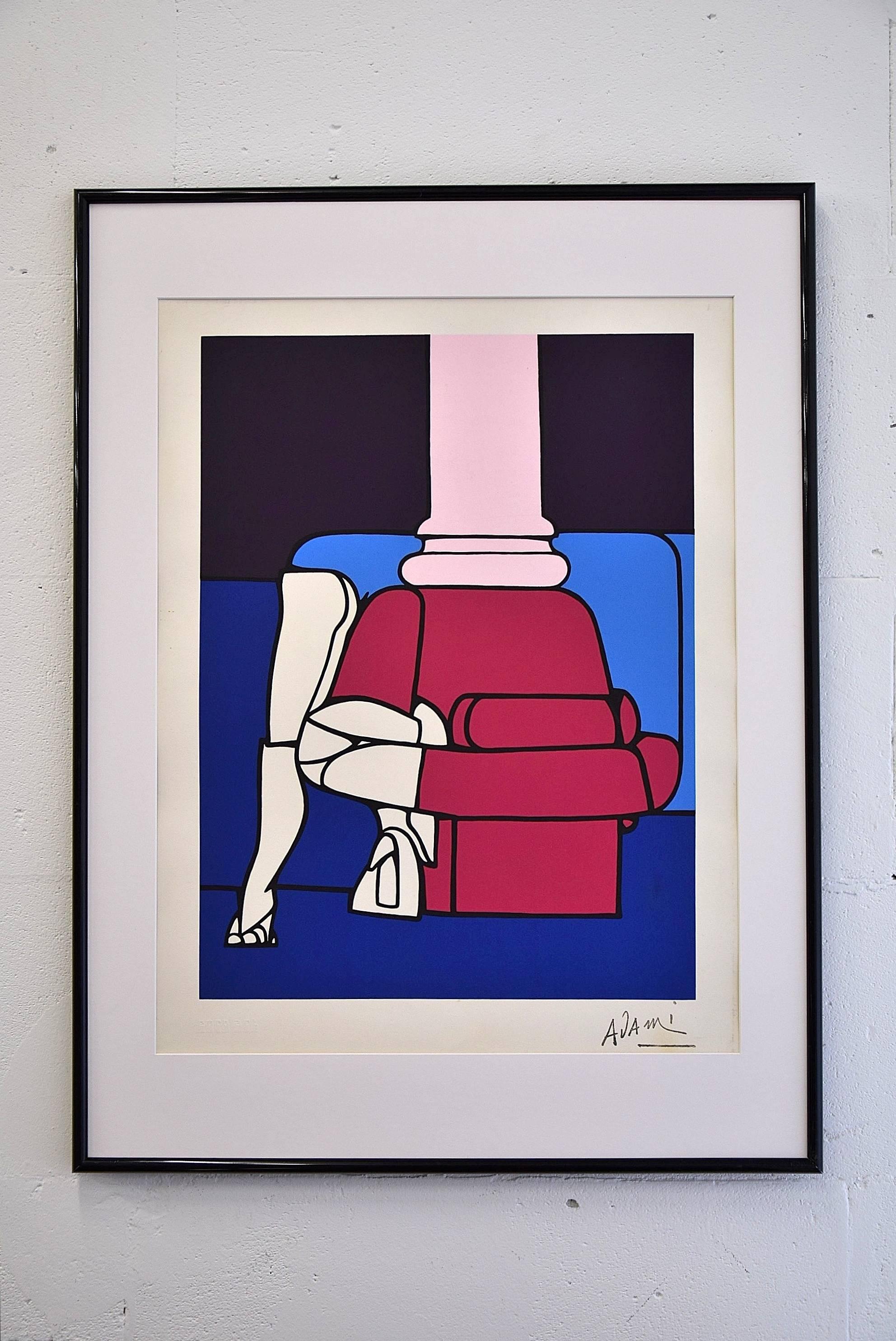 Wunderschöne Lithographie des weltberühmten Pop-Künstlers Valerio Adami aus den 1970er Jahren. Das Kunstwerk ist in hervorragendem Zustand.

Maße ohne Rahmen und Passepartout H.63 x B.47 cm.

Valerio Adami (geboren am 17. März 1935) ist ein