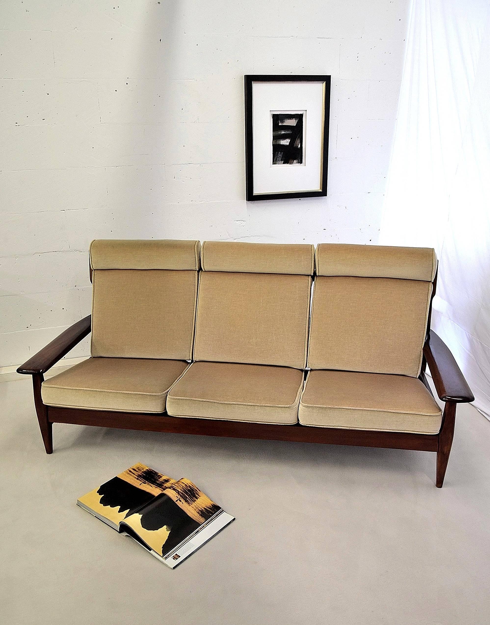 Brazilian Mid-century Modern Mahogany and Beige Mohair Sofa 5