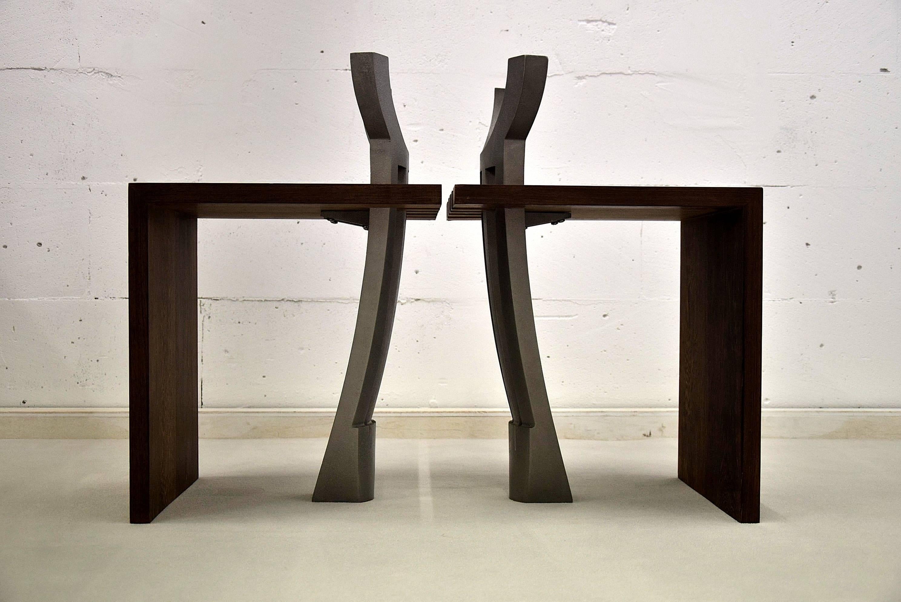 Two very limited edition sculpture stools created in 1998 by Ron van de Ven (1956 Maastricht, the Netherlands).

Even though these are numbered 1 & 2 of 15 pcs, the artist told me only six were ever made.

The stools are made of solid wenge and