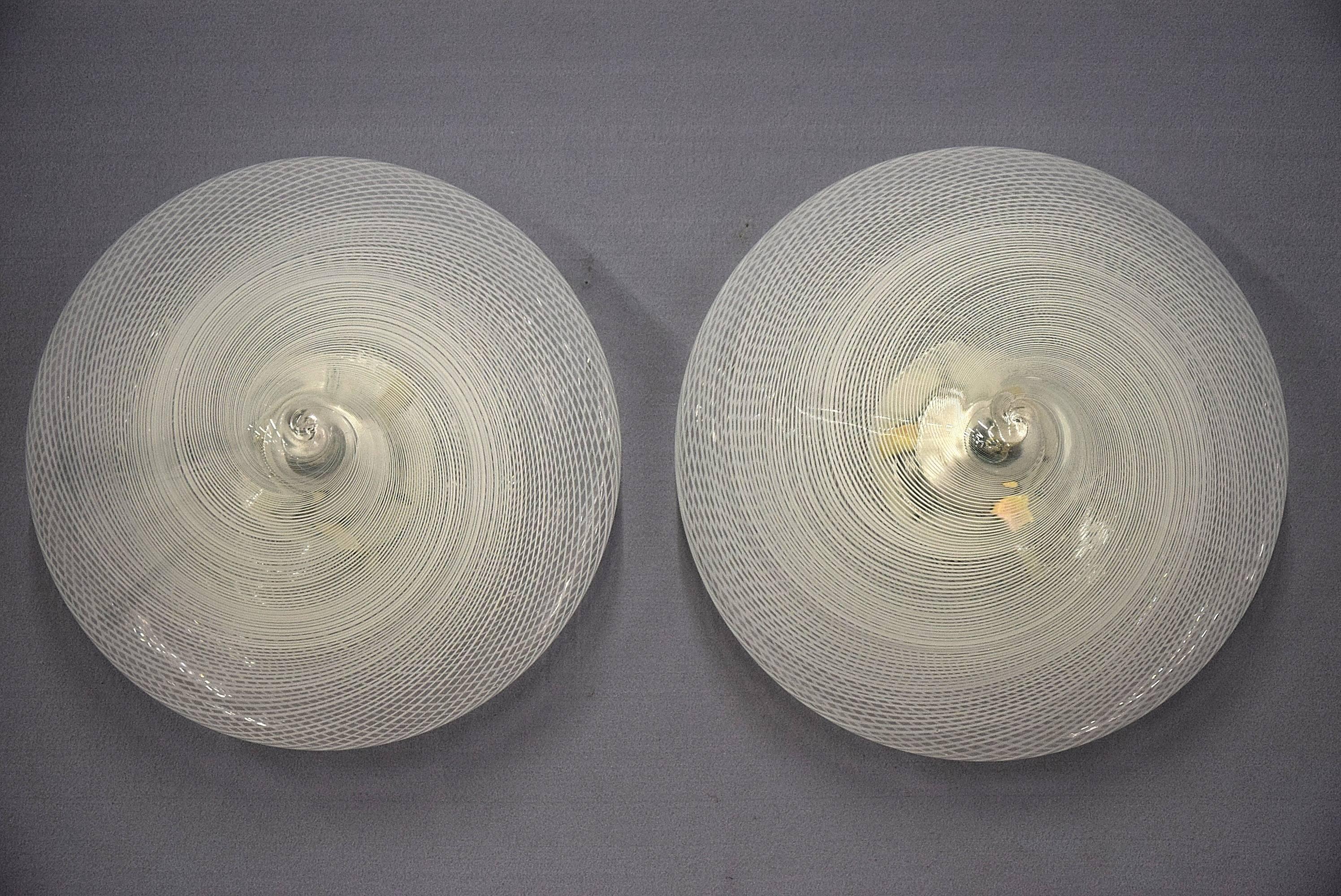 Glass Handblown Mid century Modern Wall or Ceiling Reticello Lights Venini Style For Sale