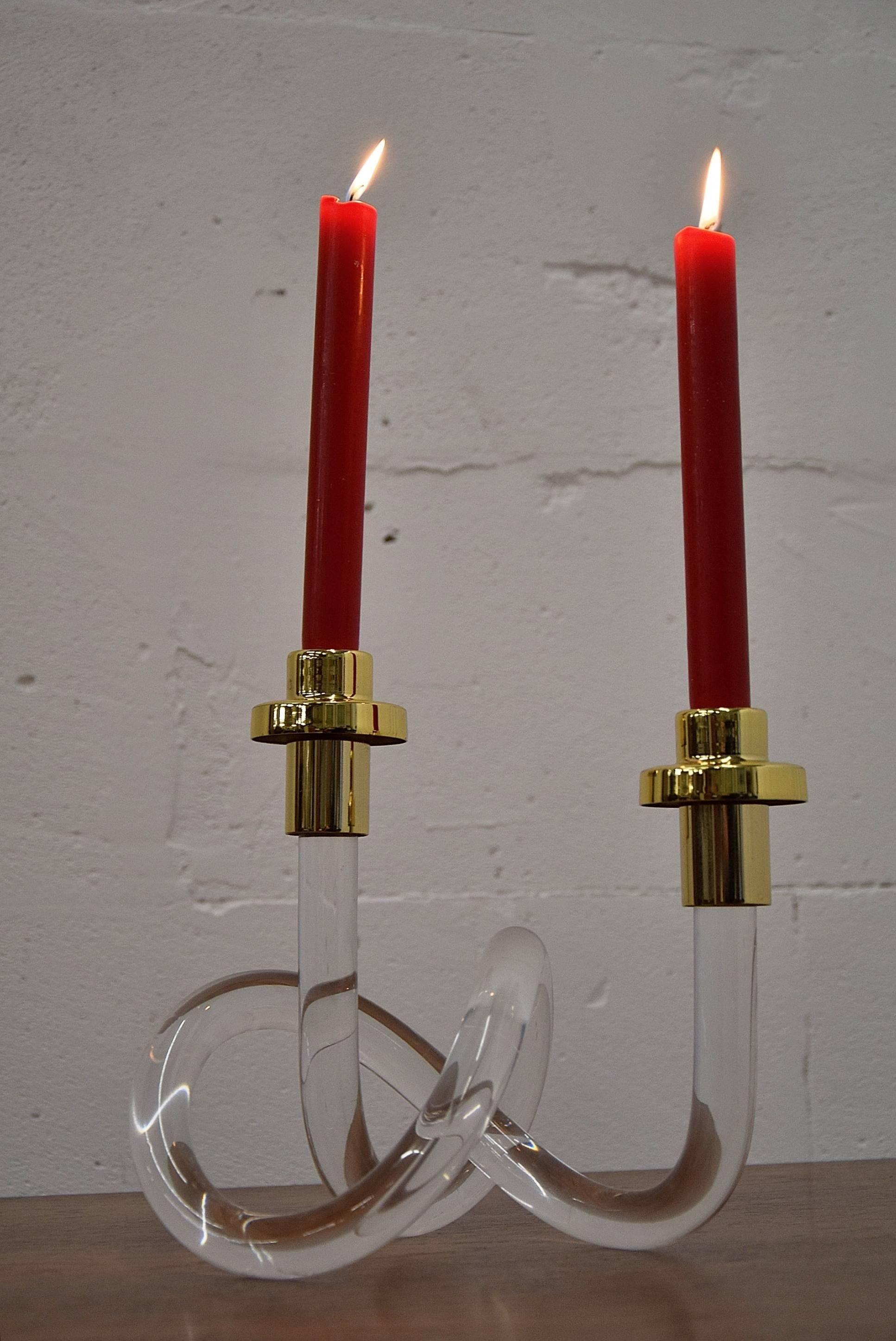 American Mid-Century Double Gold and Lucite Candleholder by Dorothy Thorpe