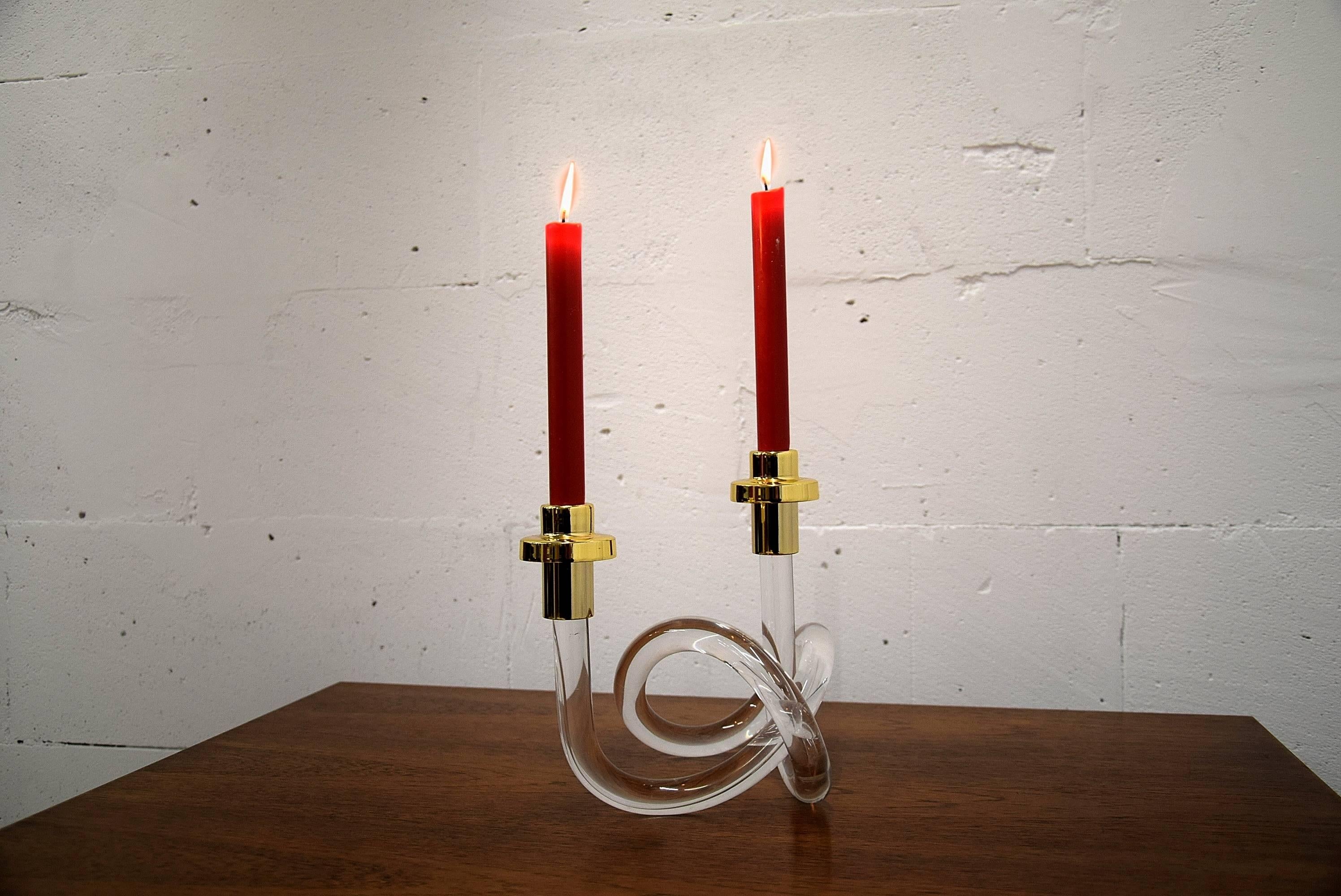 Gold Plate Mid-Century Double Gold and Lucite Candleholder by Dorothy Thorpe