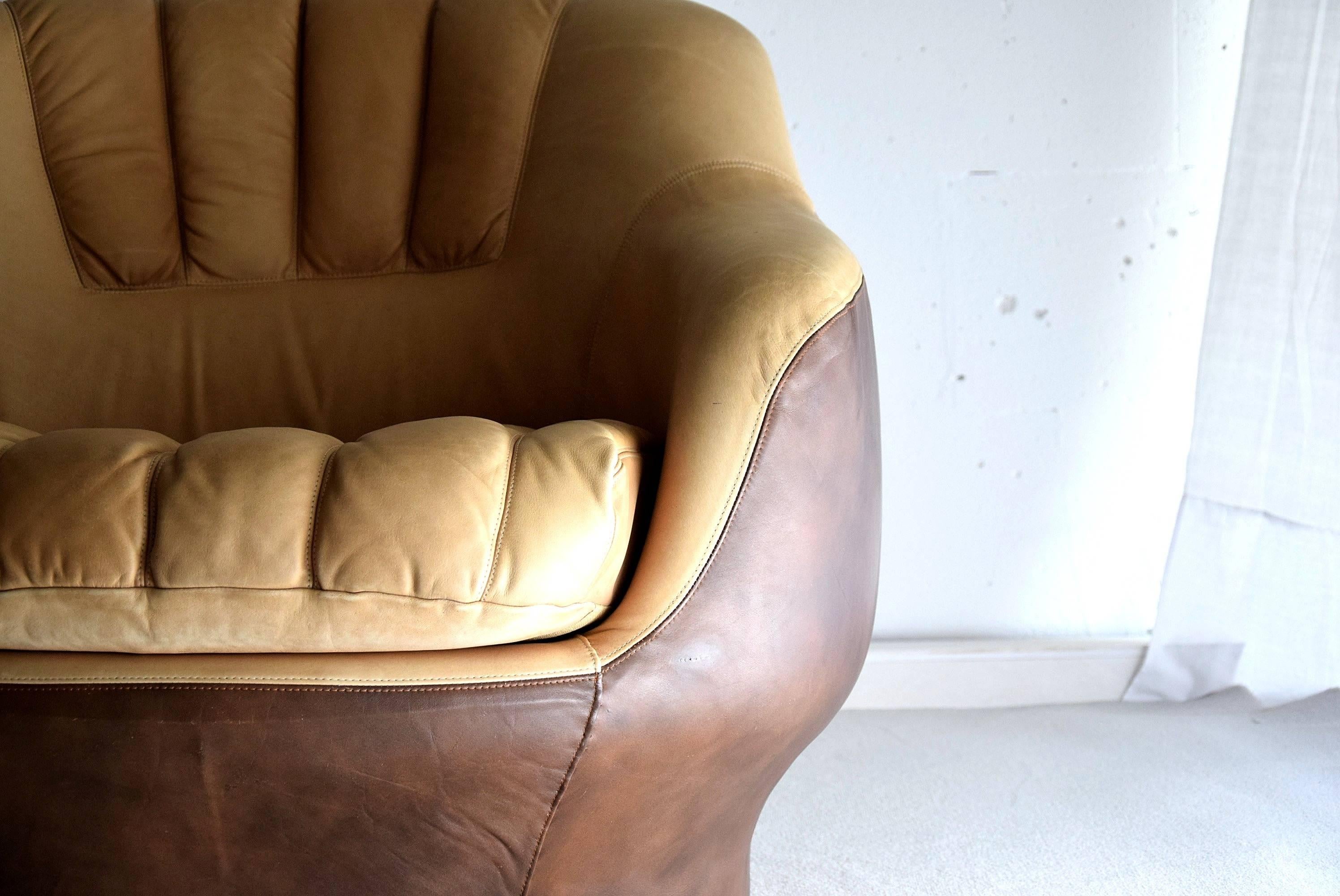 Leather lounge chairs 1970s in De Sede style.

The darker part of the chairs has a so-called radica texture, a mixture of dark brown and black and the cushions are light beige, a beautiful and distinguished color combination.

Measurements: D 88 x W