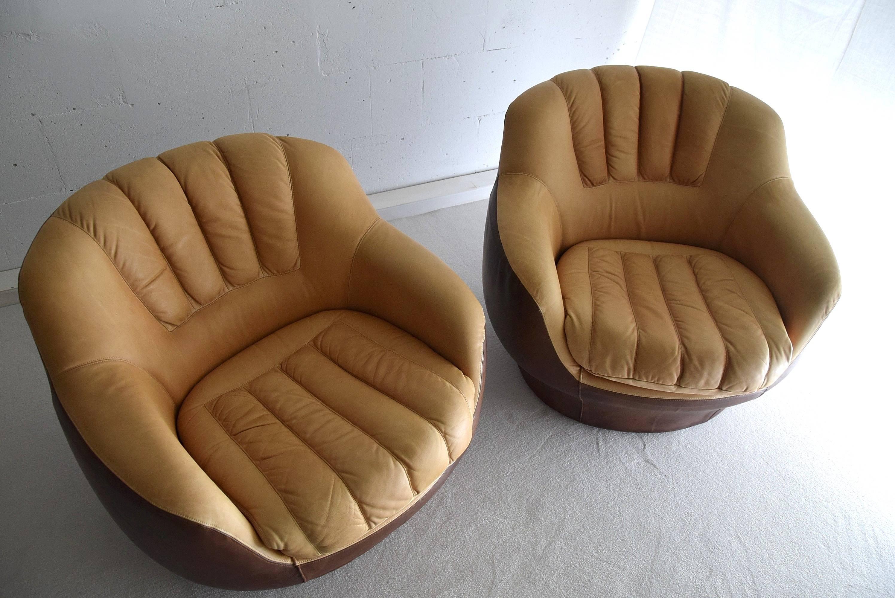 Italian 1970s Leather Lounge Chairs in the Style of De Sede
