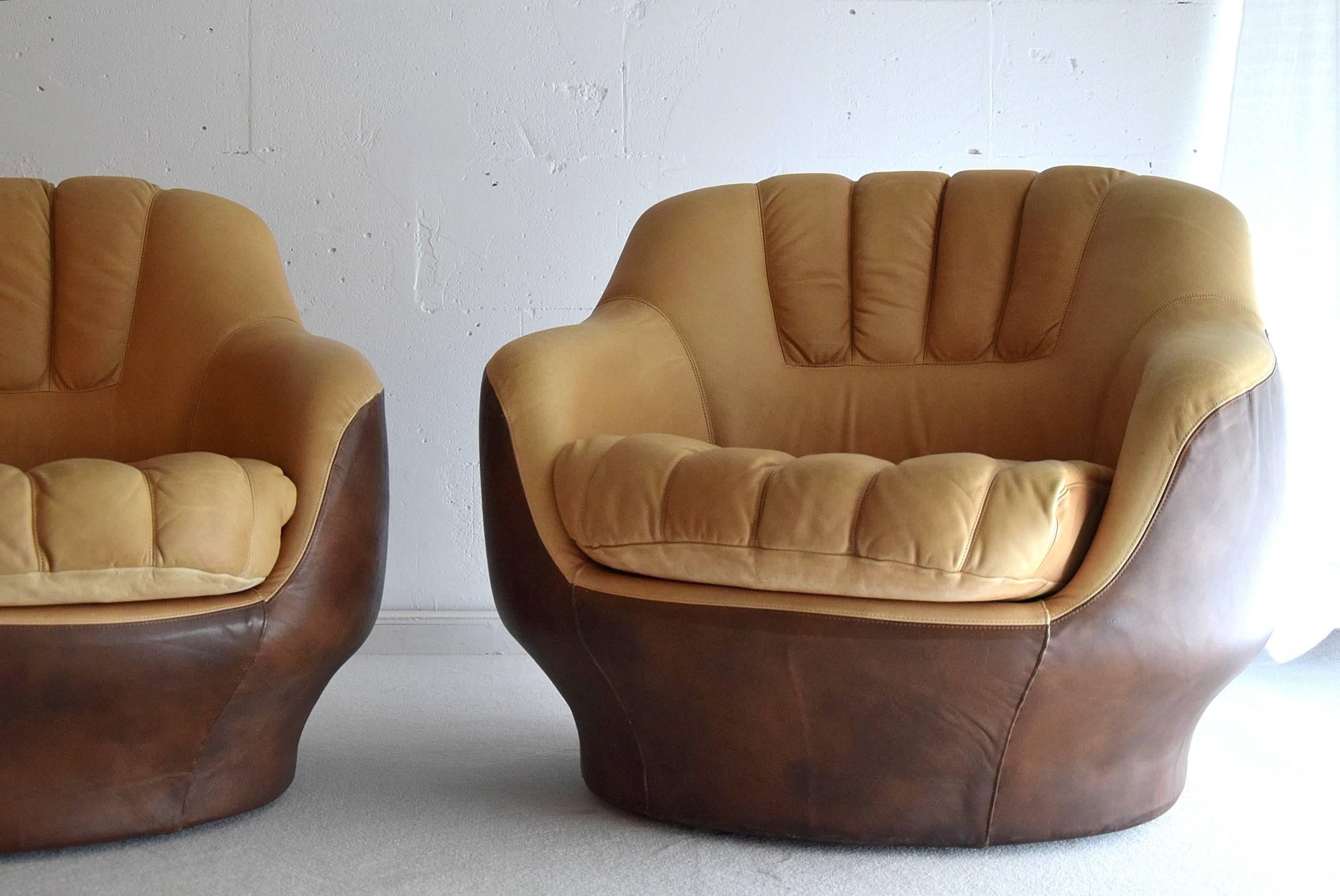 1970s Leather Lounge Chairs in the Style of De Sede 1