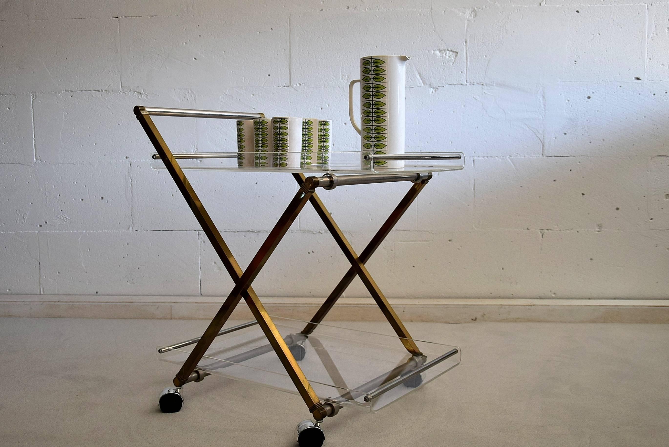 French Hollywood Regency Brass and Plexiglass Serving Trolley