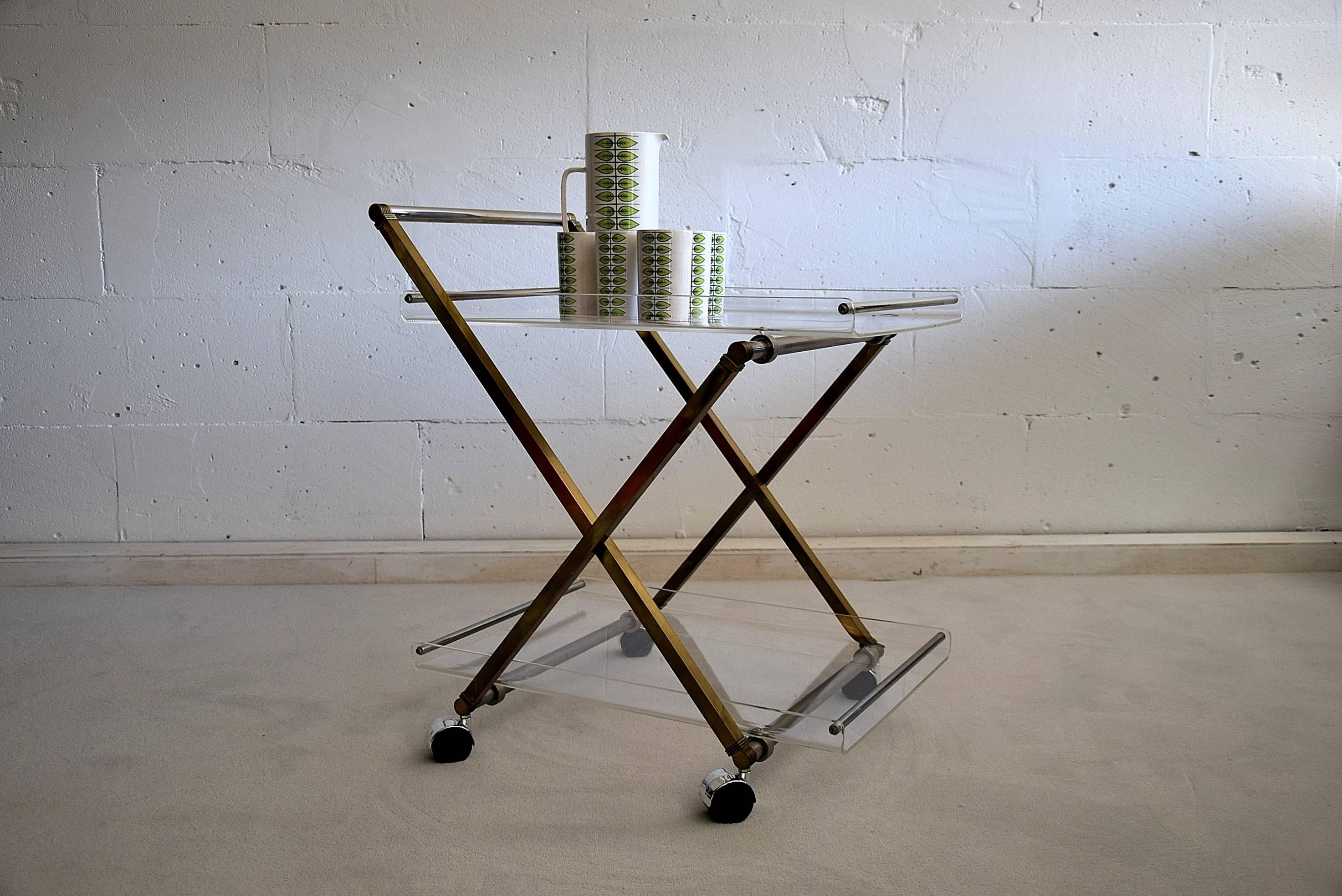 Late 20th Century Hollywood Regency Brass and Plexiglass Serving Trolley