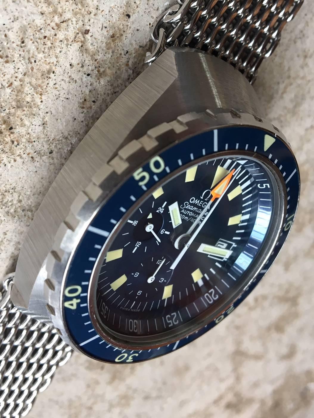 1971 Automatischer Omega Seamaster 120m Chronograph alias Big Blue
Aus meiner Privatsammlung, die schönste Omega aller Zeiten. Er wurde nur 3 Jahre lang, von 1971 bis 1973, produziert. Eine extrem seltene Seamaster in hervorragendem Zustand mit dem