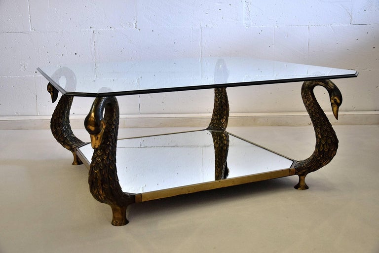 Hollywood Regency Brass Swan Coffee Table For Sale at 1stdibs