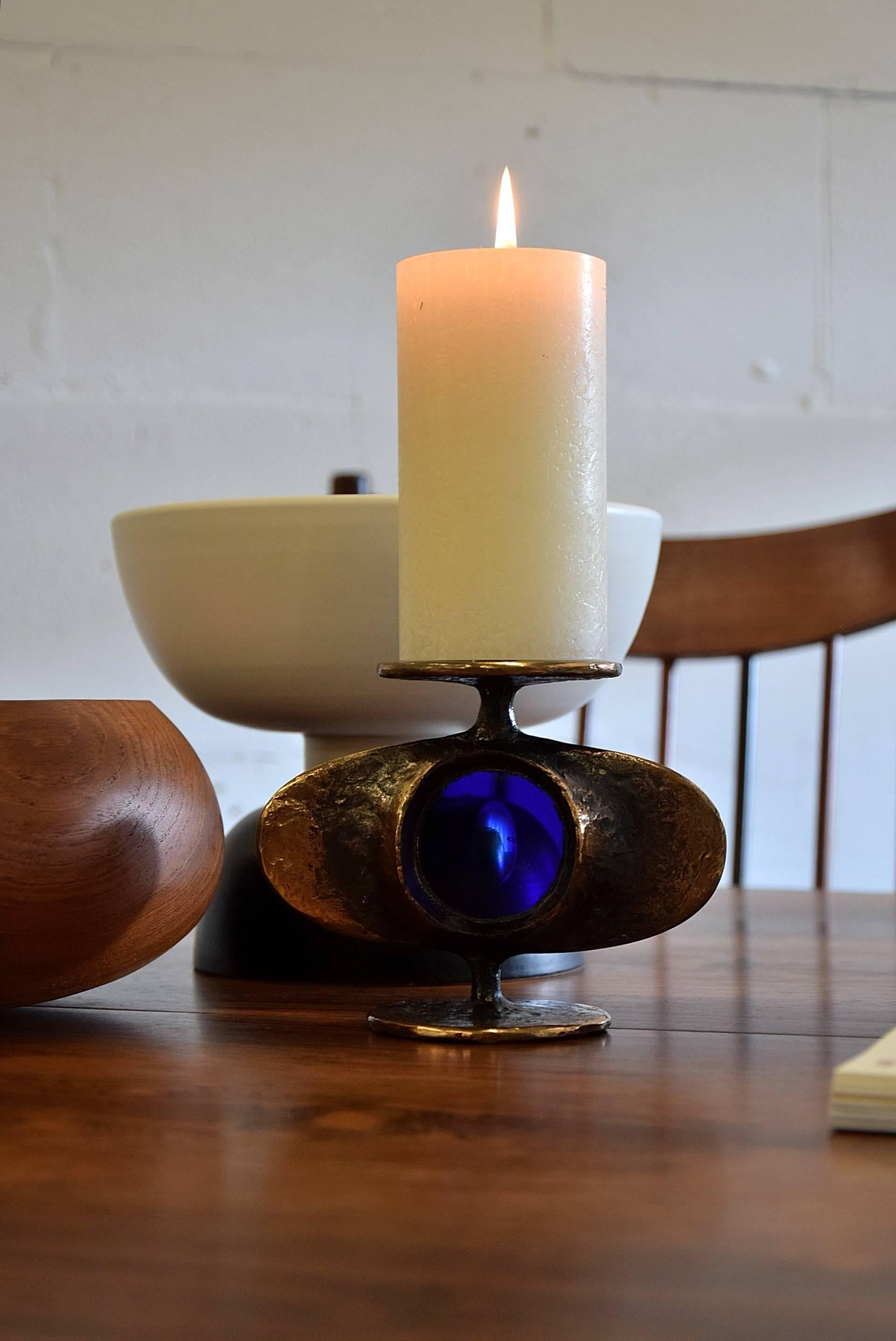 Beautiful Mid Century Modern Bronze and Tanzanite Candleholder In Good Condition In Weesp, NL