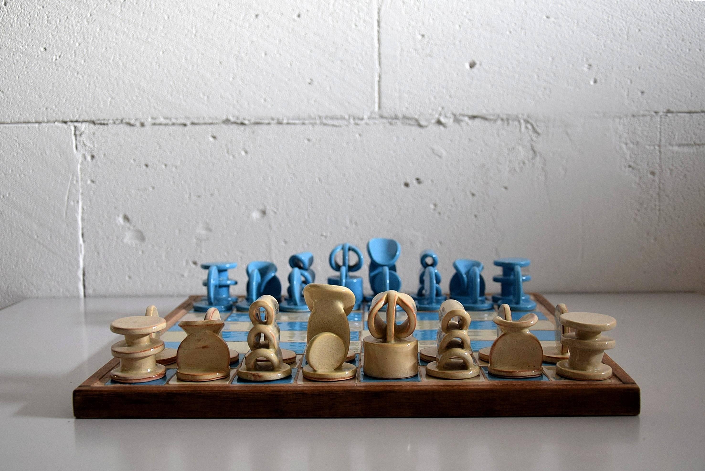 Rare ceramic Mid-Century Modern French chess set

Beautiful celeste and sand colored ceramic set from l'Argille, known for it's ceramic culture.

Measurements: W.37 x D.37 x H.8 cm.

This rare set is in fantastic condition as can be seen in