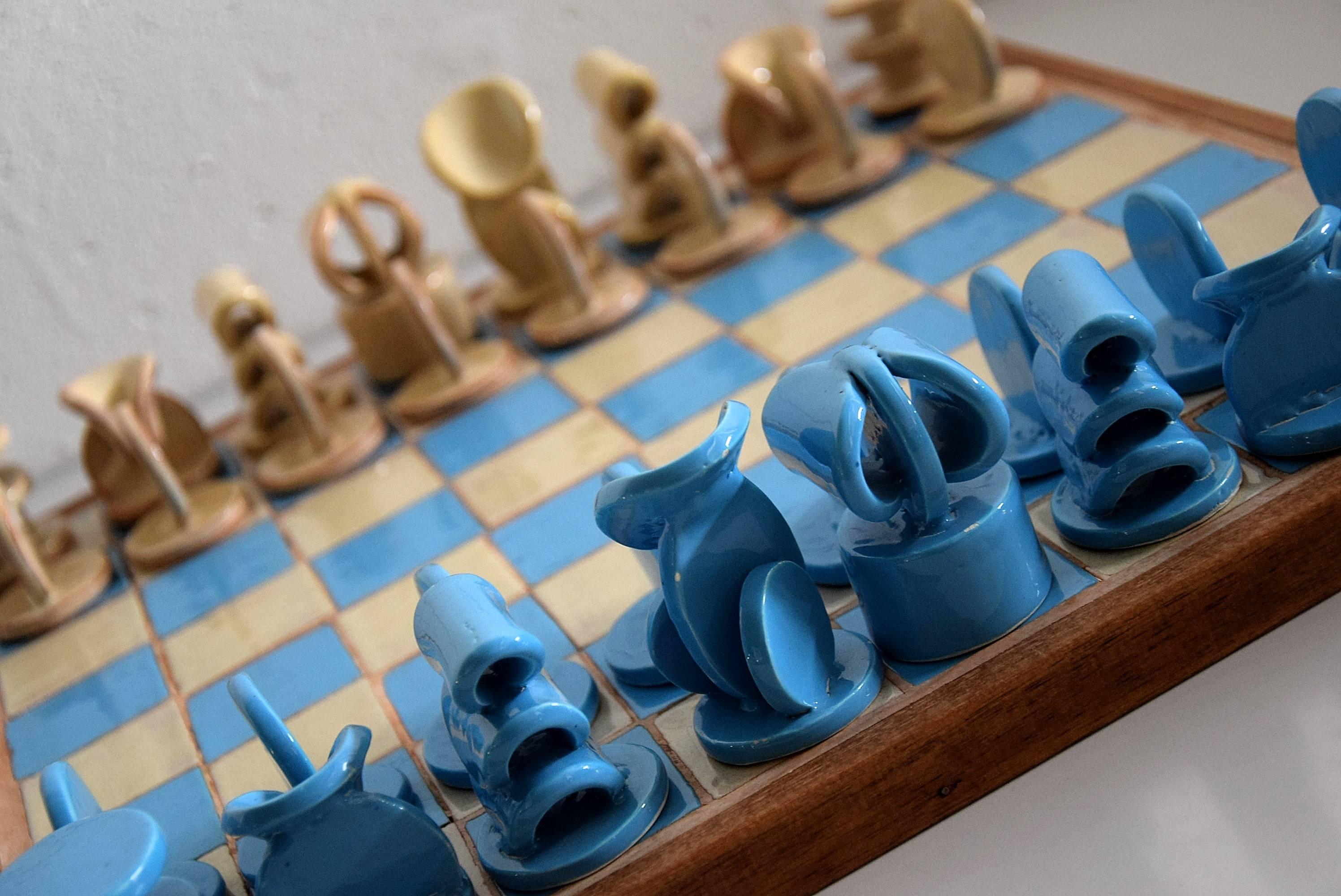 Late 20th Century French Mid-Century Modern Rare Ceramic Chess Set