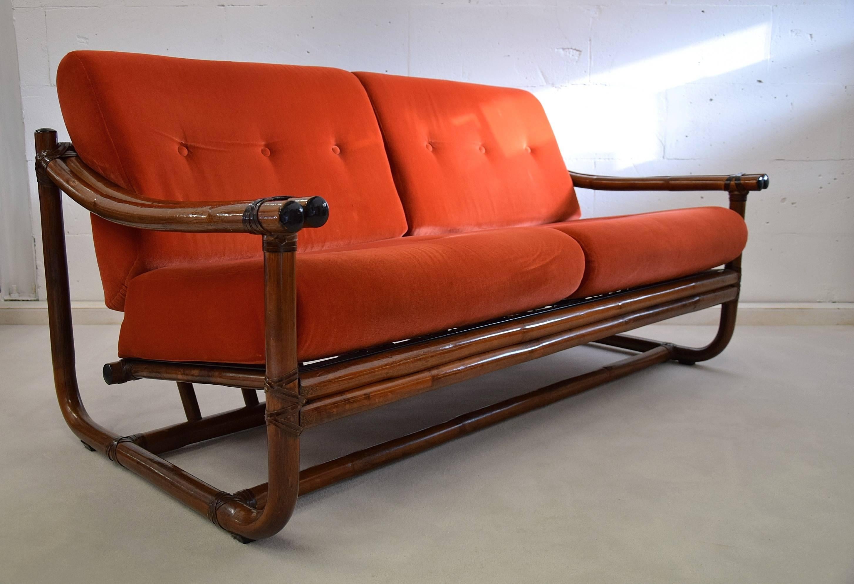 Velvet Italian Two-Seat Mid Century Modern Orange Bamboo Lounge Sofa