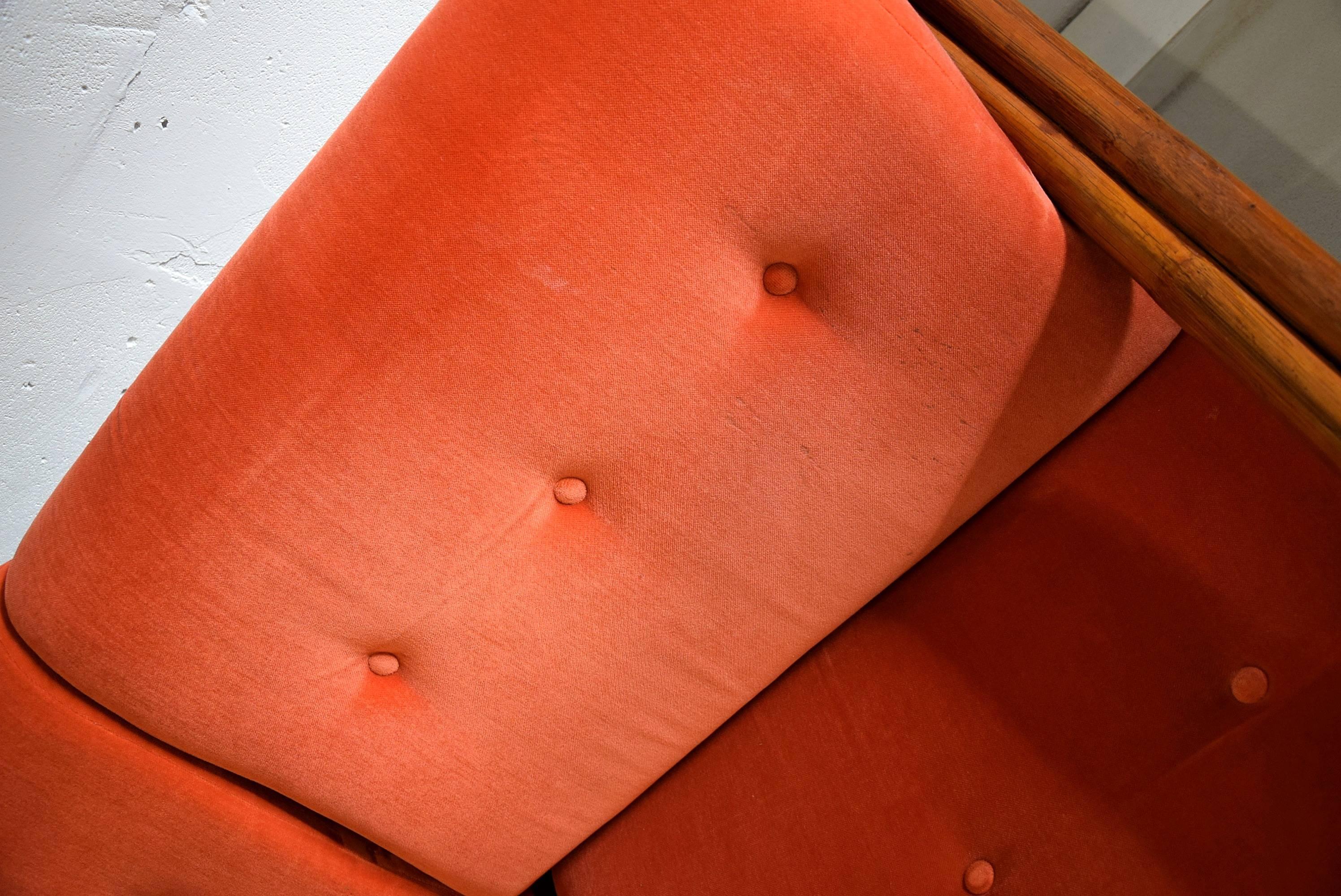 Italian Two-Seat Mid Century Modern Orange Bamboo Lounge Sofa 1