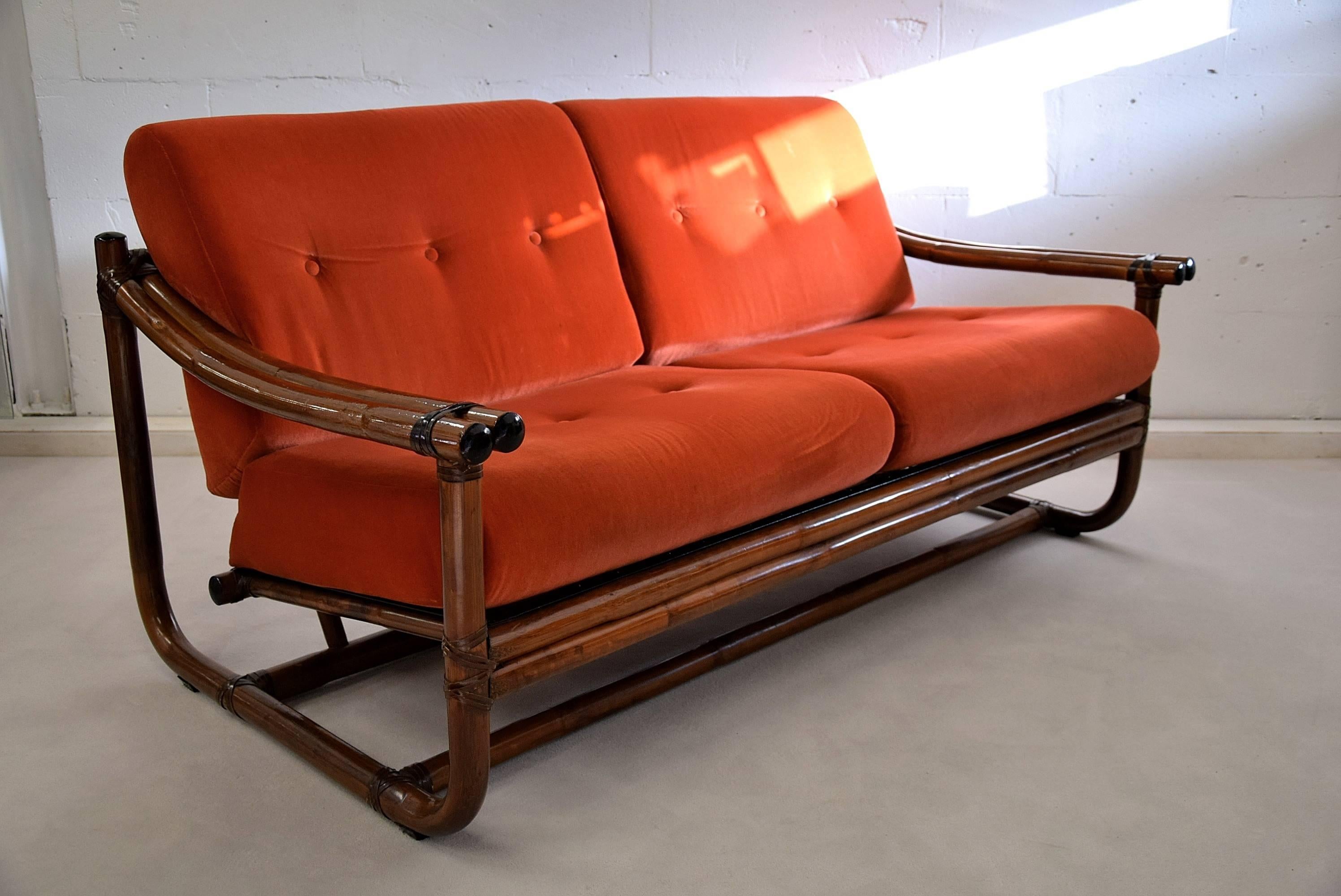 Mid-Century Modern Italian Two-Seat Mid Century Modern Orange Bamboo Lounge Sofa