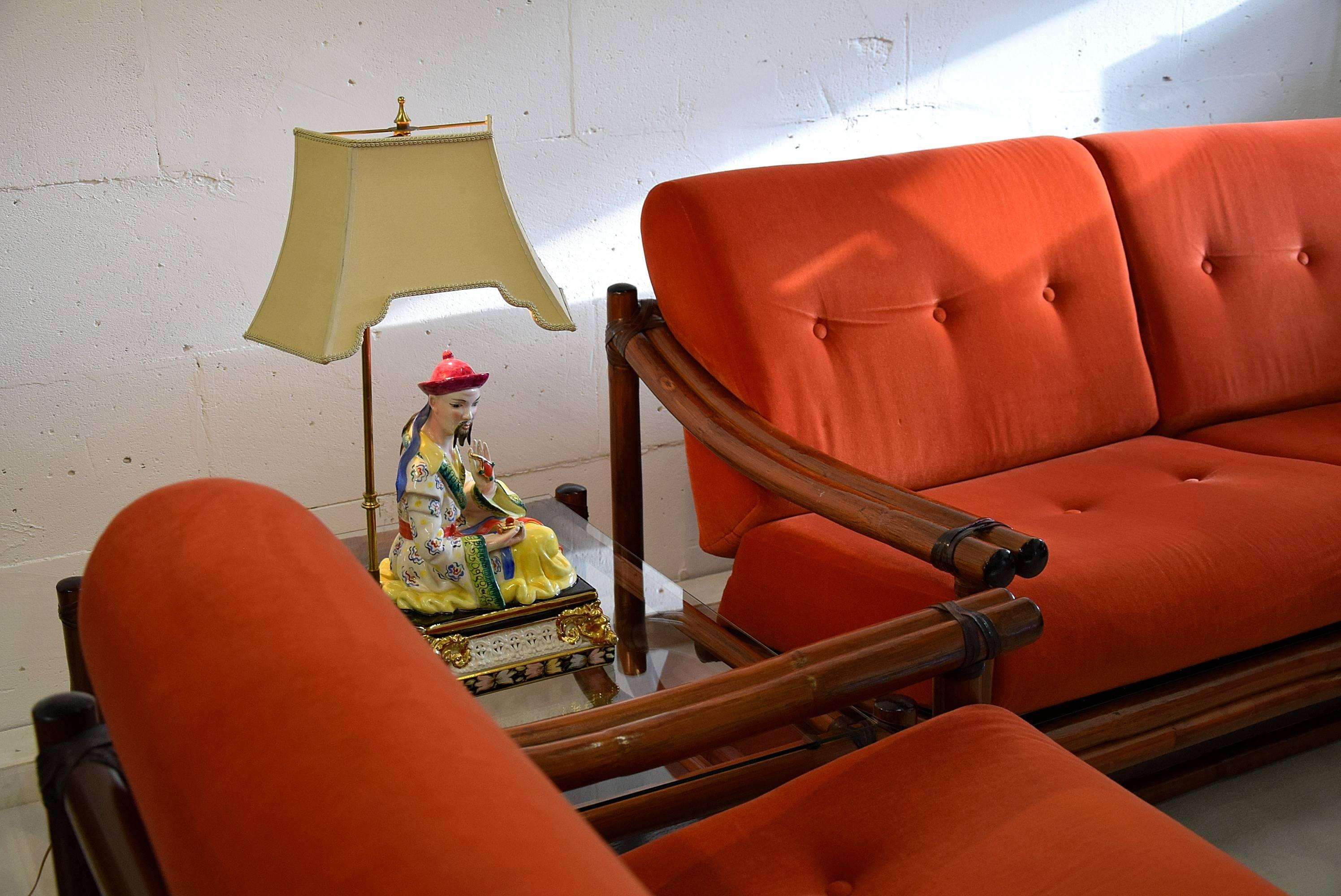 Italian Two-Seat Mid Century Modern Orange Bamboo Lounge Sofa 2