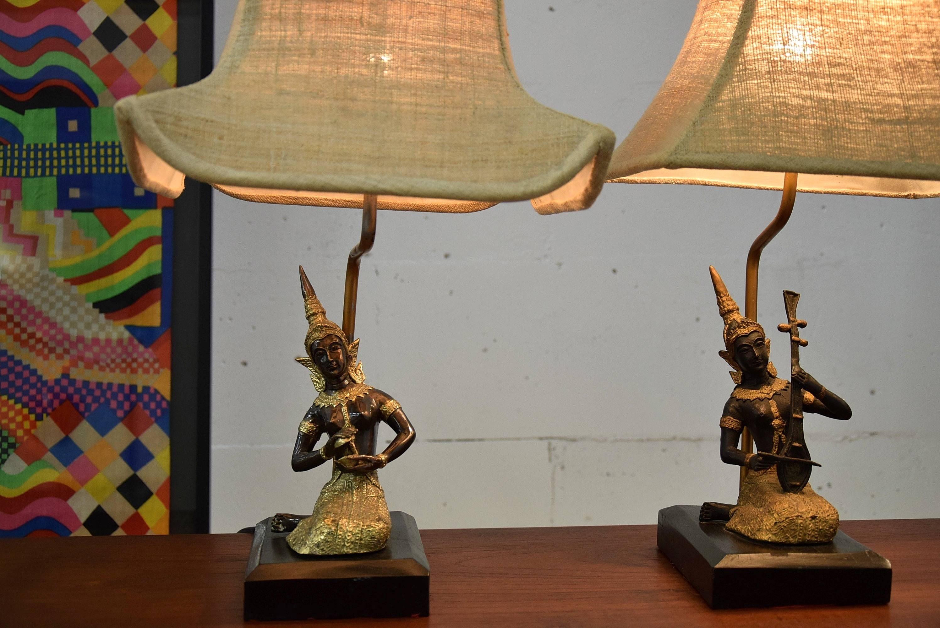 Hollywood Regency Three Mid-Century Burmese Musician Lamps in the Style of Maison Jansen