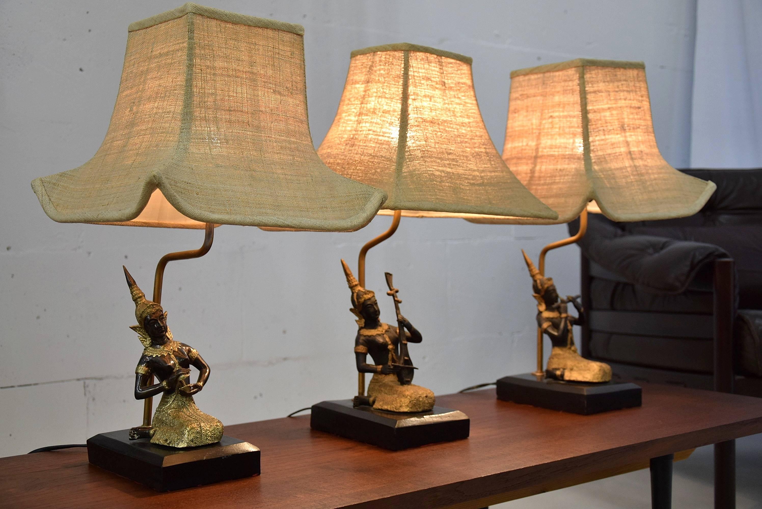 Three Mid-Century Burmese Musician Lamps in the Style of Maison Jansen In Good Condition In Weesp, NL