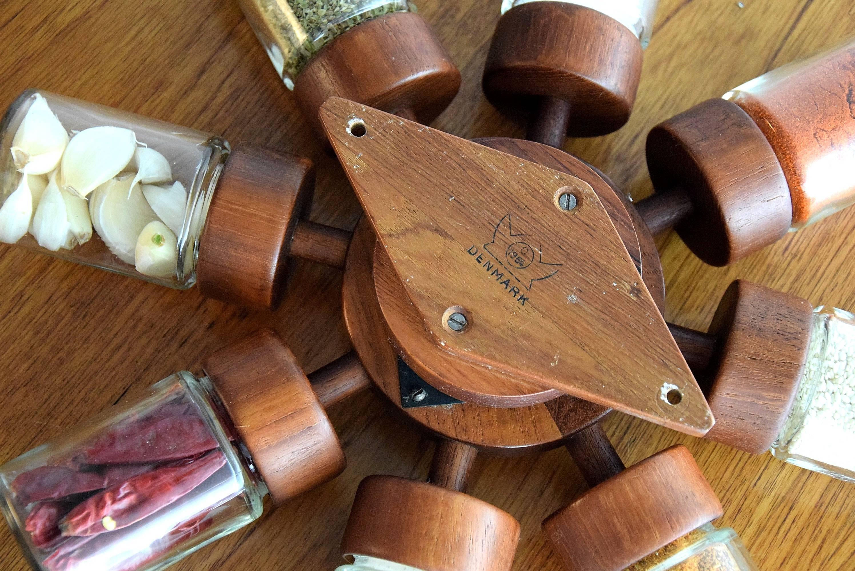 Glass 1960's Teak Spice Rack / Wheel. For Sale